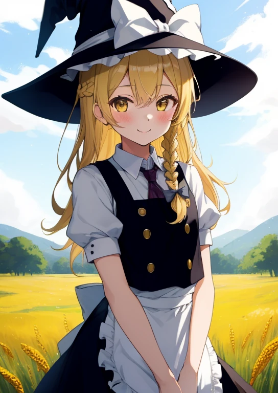 (masterpiece, best quality:1.2), extremely detailed, soft ambient lighting, sharp focus, 4K, BREAK kirisame marisa, 1girl, blonde hair, witch hat, yellow eyes, long hair, vest, apron, bow, short sleeves, hat bow, braid, puffy sleeves, skirt, BREAK outdoors, wheatfield, looking at viewer, gentle smile,
