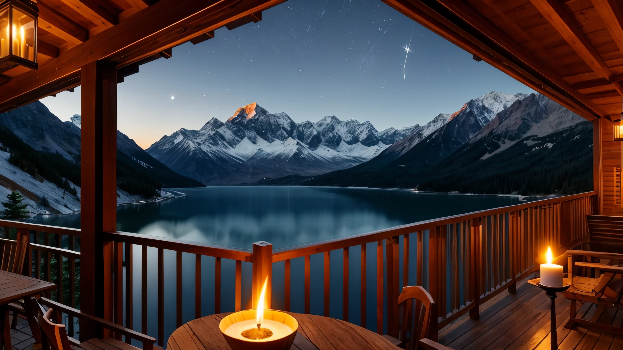 A distant mountain hut in the moonlight、Candle flame、lake、Balcony