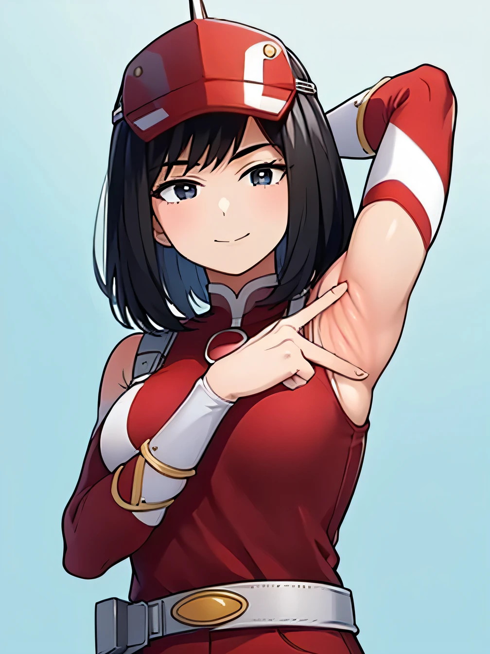 1girl, alone, yui kodai, medium hair, black eyes, smiling, closed mouth, best quality, (peak cap: 1.2), (red and white jumpsuit: 1.2), sleeves long, belt, (red and white pants: 1.2), (white sneakers: 1.2), large breasts, medium waist, anime, closed mouth, solo, portrait, upper body, night sky, beach, arms behind head, contrapposto, shy smile, spread armpits, best quality, looking at viewer, expressionless,