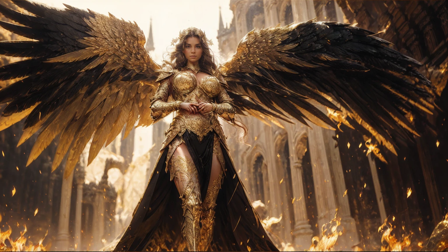((best quality, 8ก, Masterpiece: 1.3)), Sharp focus: 1.2, full body, Beautiful woman with a perfect figure: 1.4, Slim stomach: 1.2, ((long hair, Large round breasts)), (Elegant golden armor with intricate details.), walk, Highly detailed facial and skin textures, Black wings,Detailed eyes, Abandoned luxurious castle