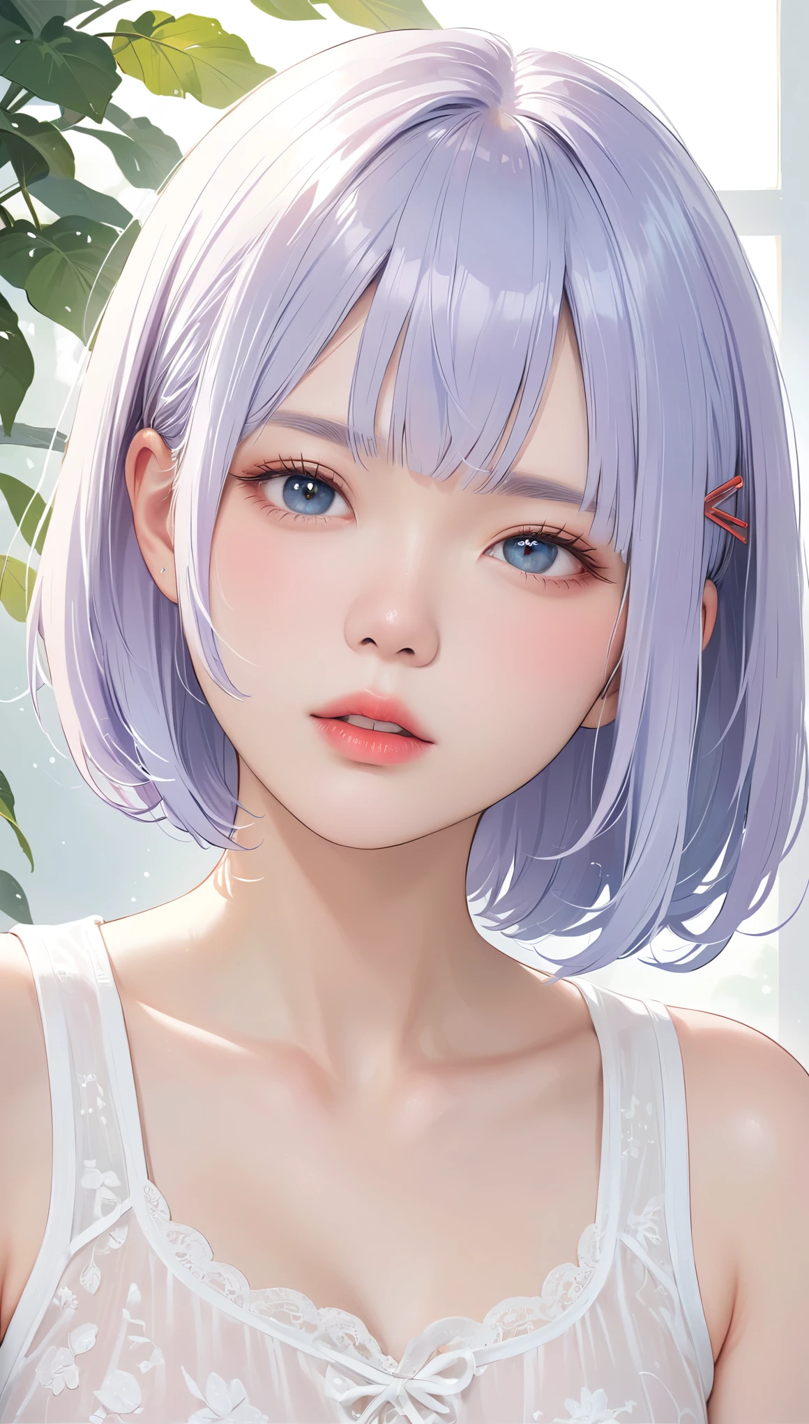 UHigh resolution, retina, masterpiece, Accurate, Anatomically correct, Textured skin, Very detailed, Attention to detail, high quality, 最high quality, High resolution, 1080p, High resolution, 4K, 8k, 16k), (Beautiful details, Beautiful lip detail, Very detailedな目と顔),１girl、Short silver bob hair held together with a hair clip, Grey Eyes、Angry、I really like it、Tank top、Upper body close-up、Morning Cafe Terrace、Background Blur, Written boundary depth