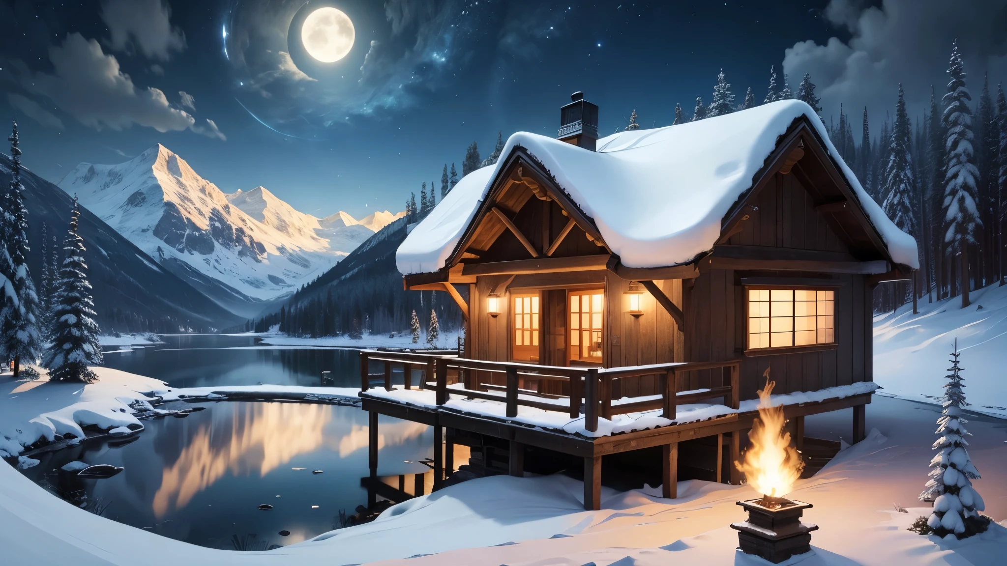 A distant mountain hut in the moonlight、Candle flame、lake、Balcony