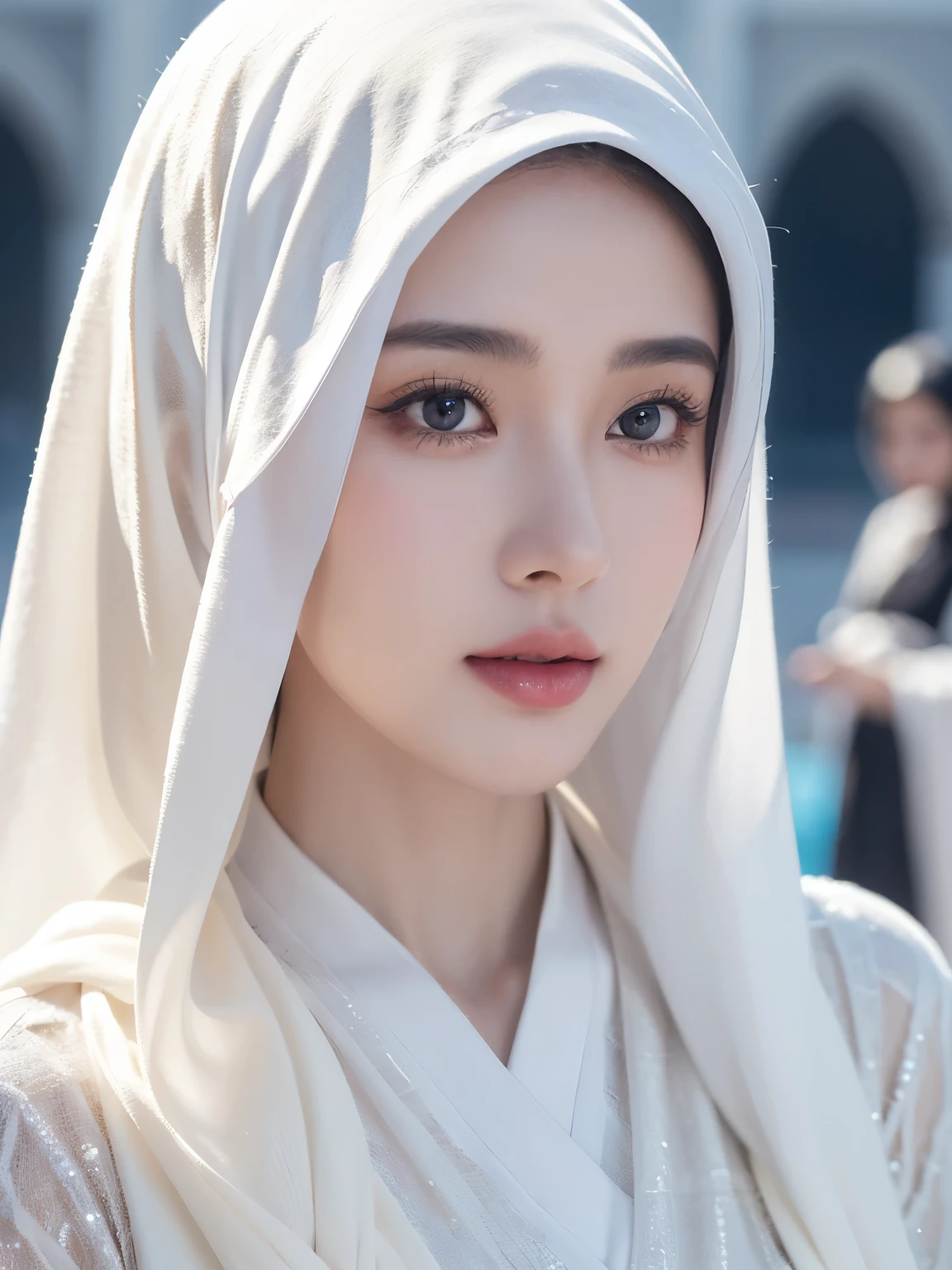 photorealistic. High-resolution image of an Indonesian
Muslim woman standing facing forward,
wearing a neat hijab and long white abaya
with ihram clothing, in front of the Ka'bah
during the day, with many people in the
background. photorealistic, 8k, hyperdetailed, cinematic lighting, dramatic pose, intricate details, hyper realistic, concept art, fantasy, digital art, vibrant colors, beautiful detailed eyes, beautiful detailed lips, extremely detailed eyes and face, long eyelashes, highly detailed face, realistic human anatomy, elegant dress, gorgeous scenery, magical elements, otherworldly landscape, dramatic lighting, intricate details, stunning colors