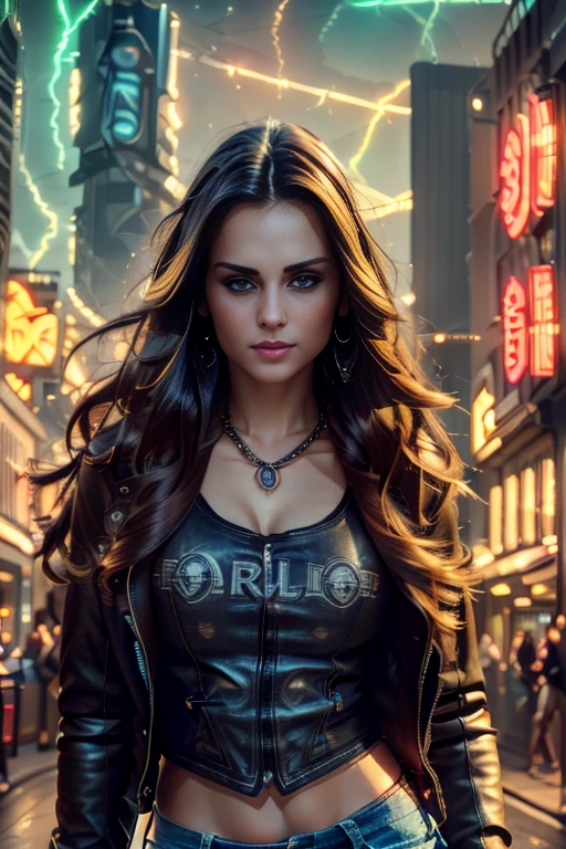 a girl in a harley, detailed face and eyes, long hair, leather jacket, jeans, with a chain, urban city background, neon lights, dynamic motion blur, cinematic lighting, vibrant colors, 8k, high resolution, photorealistic, intricate details, dramatic, cyberpunk style