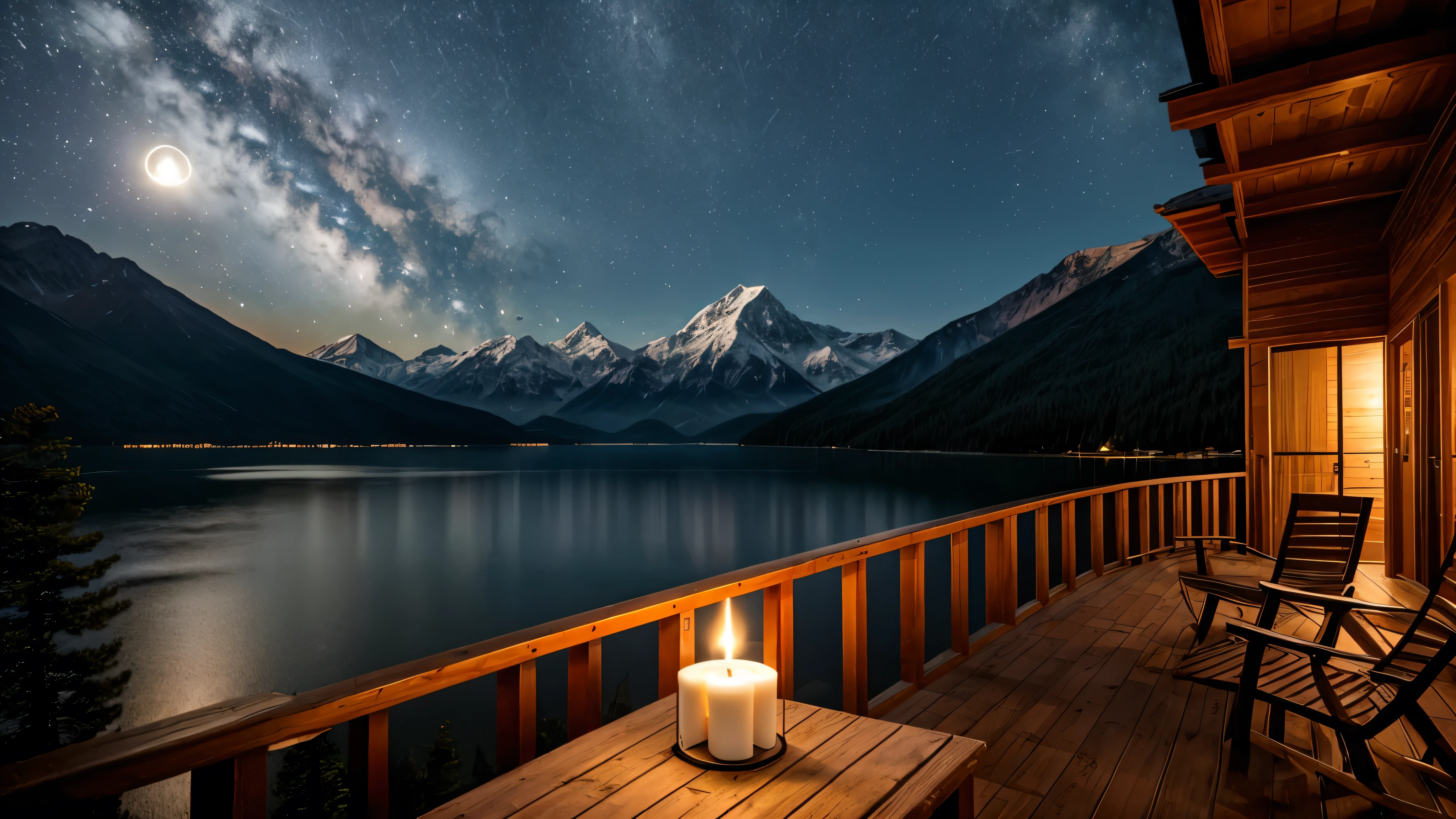 A distant mountain hut in the moonlight、Candle flame、lake、Balcony
