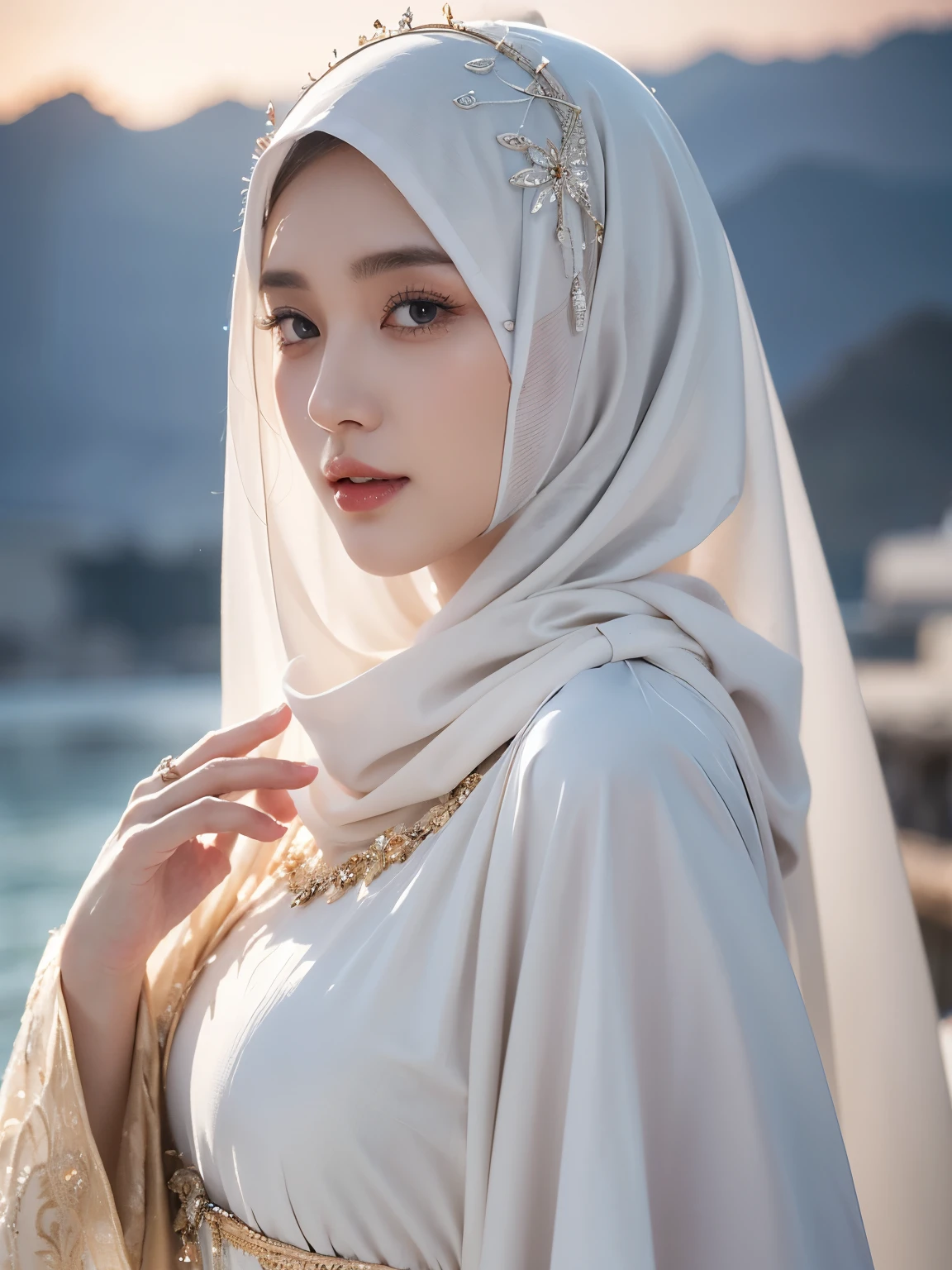photorealistic. High-resolution image of an Indonesian
Muslim woman standing facing forward,
wearing a neat hijab and long white abaya
with ihram clothing, in front of the Ka'bah
during the day, with many people in the
background. photorealistic, 8k, hyperdetailed, cinematic lighting, dramatic pose, intricate details, hyper realistic, concept art, fantasy, digital art, vibrant colors, beautiful detailed eyes, beautiful detailed lips, extremely detailed eyes and face, long eyelashes, highly detailed face, realistic human anatomy, elegant dress, gorgeous scenery, magical elements, otherworldly landscape, dramatic lighting, intricate details, stunning colors
