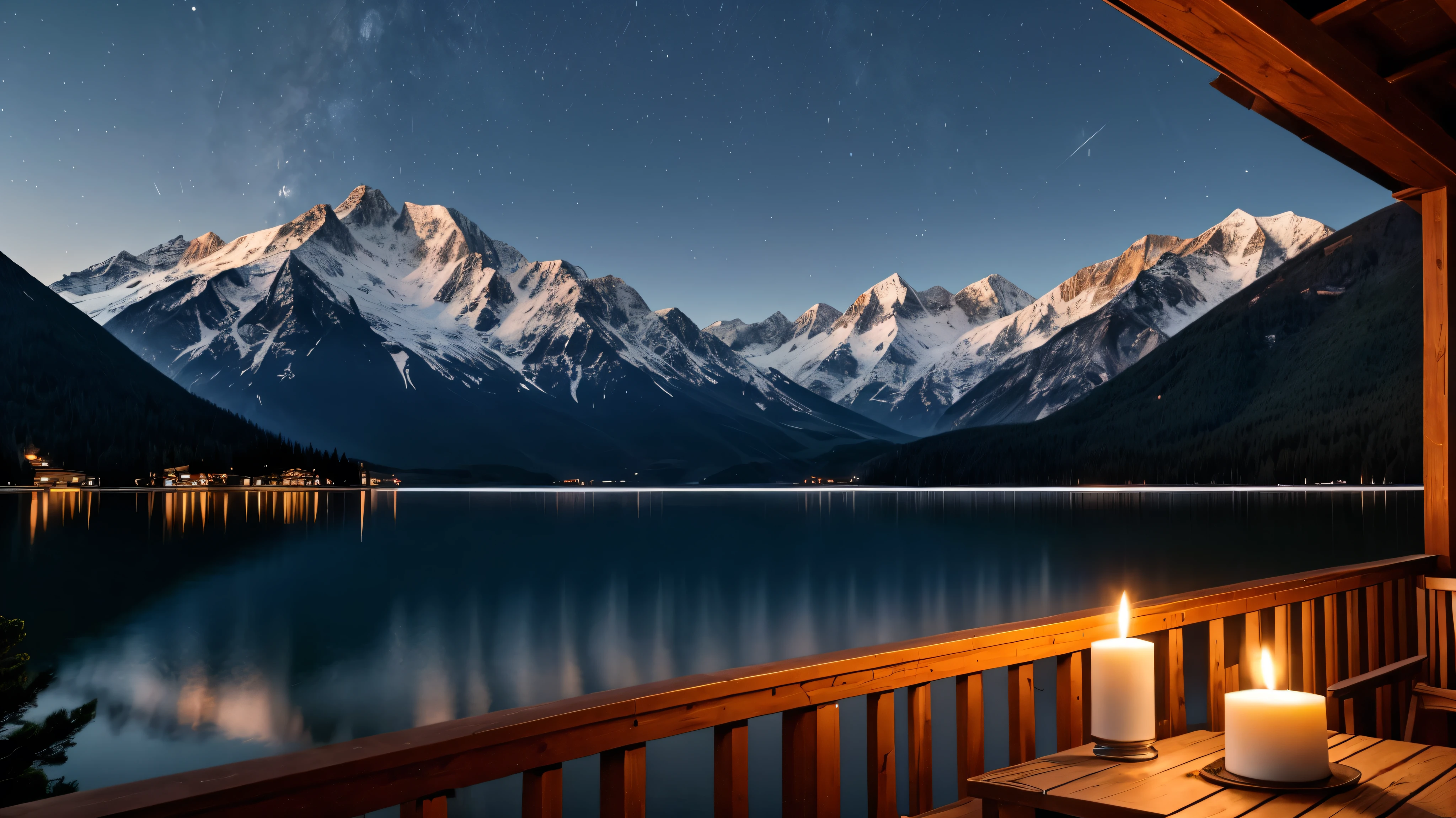A distant mountain hut in the moonlight、Candle flame、lake、Balcony