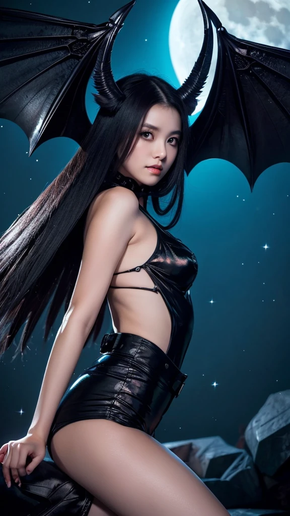 moon background、Bat-winged female demon