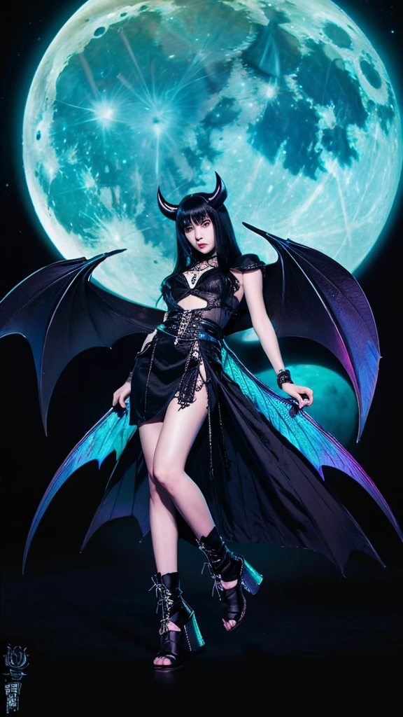 moon background、Bat-winged female demon