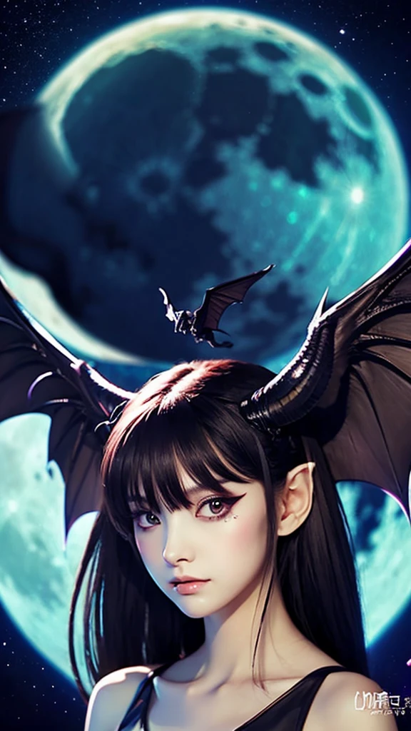 moon background、Bat-winged female demon
