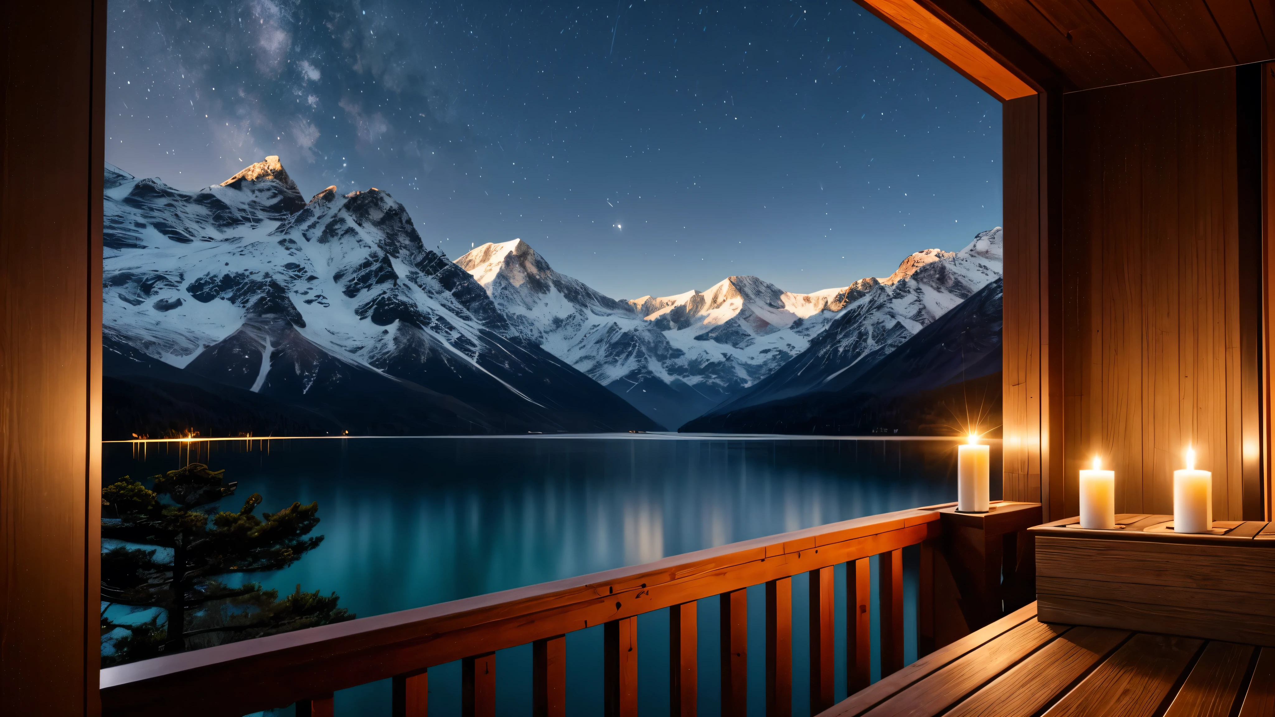 A distant mountain hut in the moonlight、Candle flame、lake、Balcony
