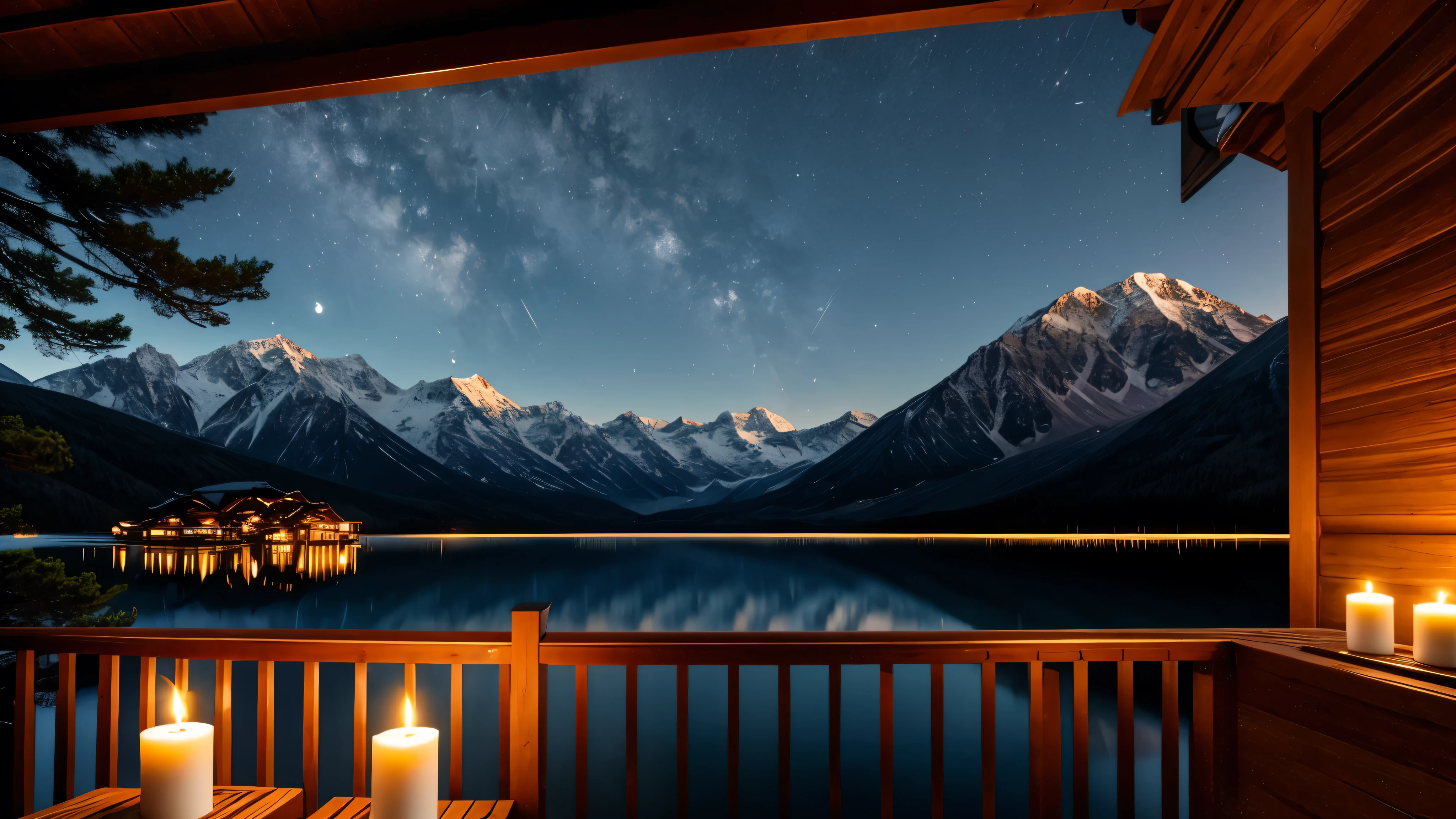 A distant mountain hut in the moonlight、Candle flame、lake、Balcony