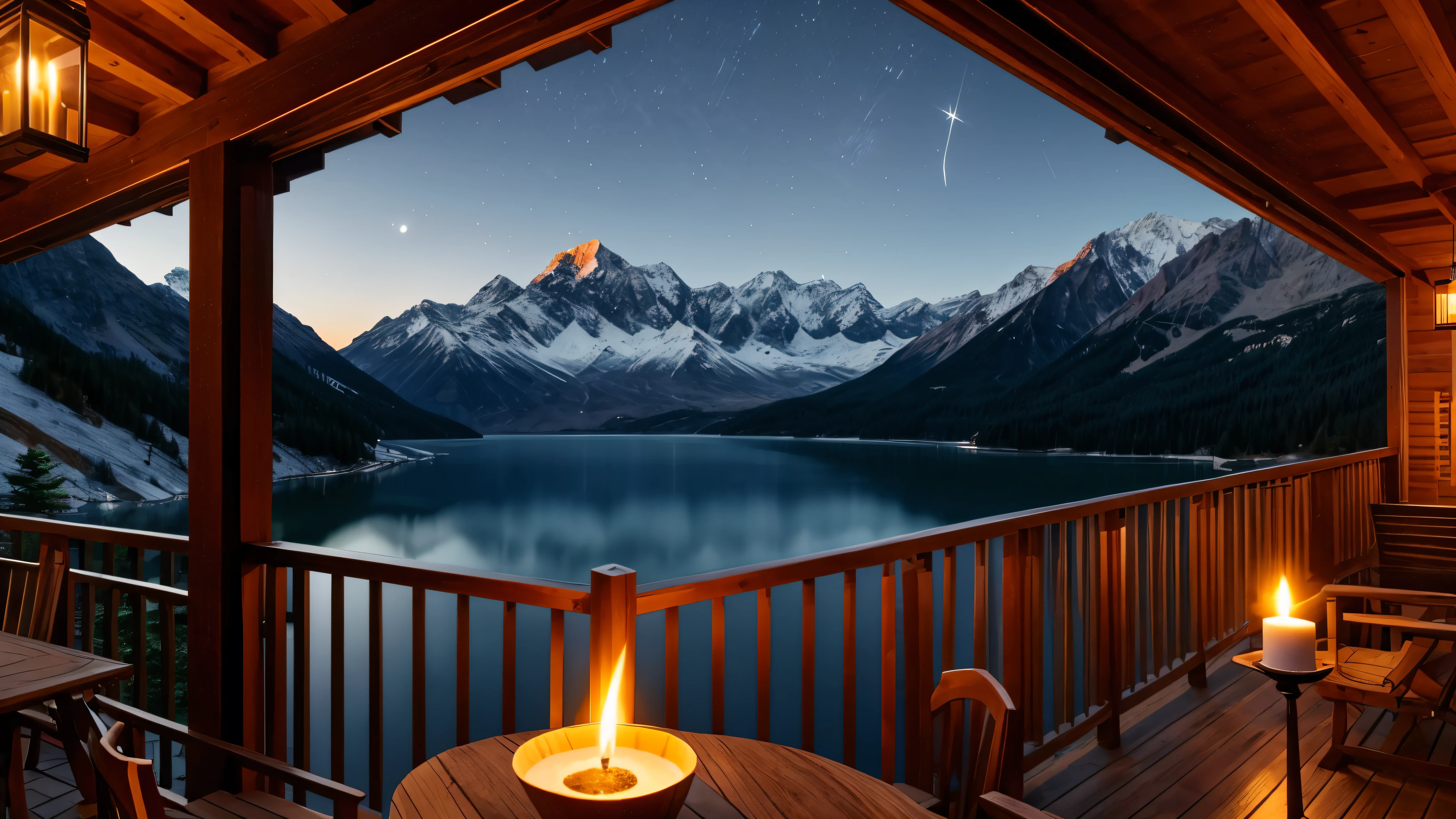 A distant mountain hut in the moonlight、Candle flame、lake、Balcony