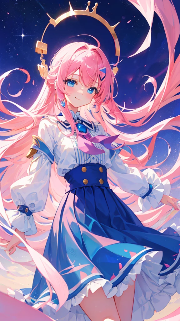 (masterpiece, best quality:1.2), 1 Girl, Solitary((masterpiece)), ((best quality)), ((high resolution)), ((Fine details)), 1 Girl, Smile,Pink hair anime girl,blue eyes, Blue long skirt,White Silk,artstation pixiv