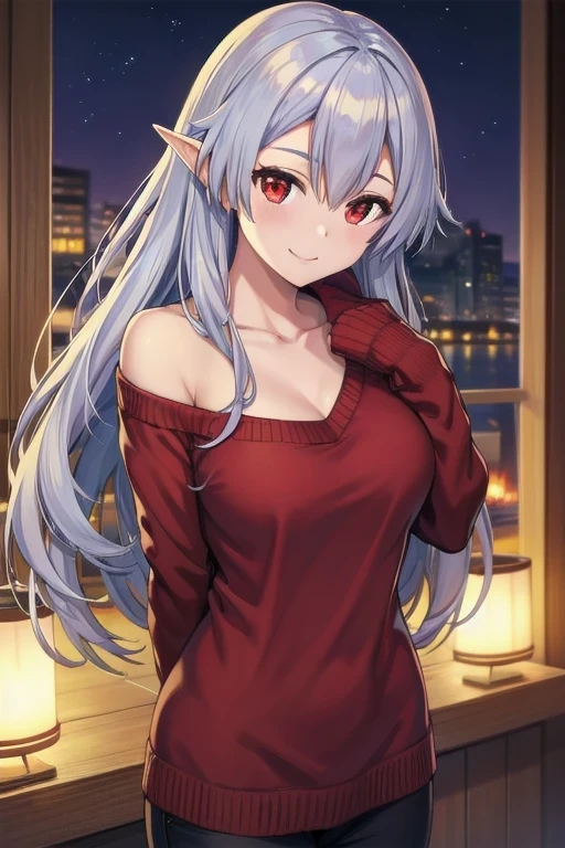 a masterfully detailed portrait of tomoe gozen, a beautiful young elf girl with long silver hair, glowing red eyes, and a smug smile, wearing a cozy sweater that reveals her bare shoulders and cleavage, with her hands held behind her back, in a torino style illustration with vivid colors and exceptional attention to detail, 4k, ultra-detailed, realistic, photorealistic