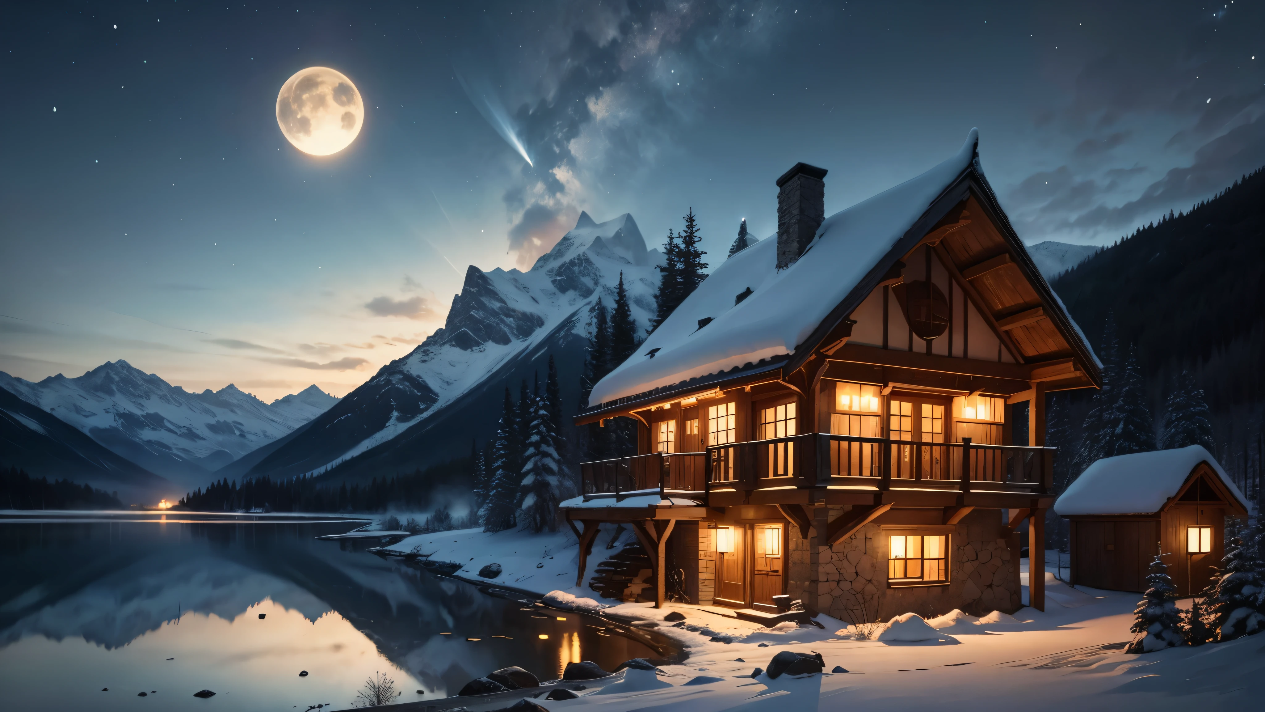 A distant mountain hut in the moonlight、Candle flame、lake、Balcony