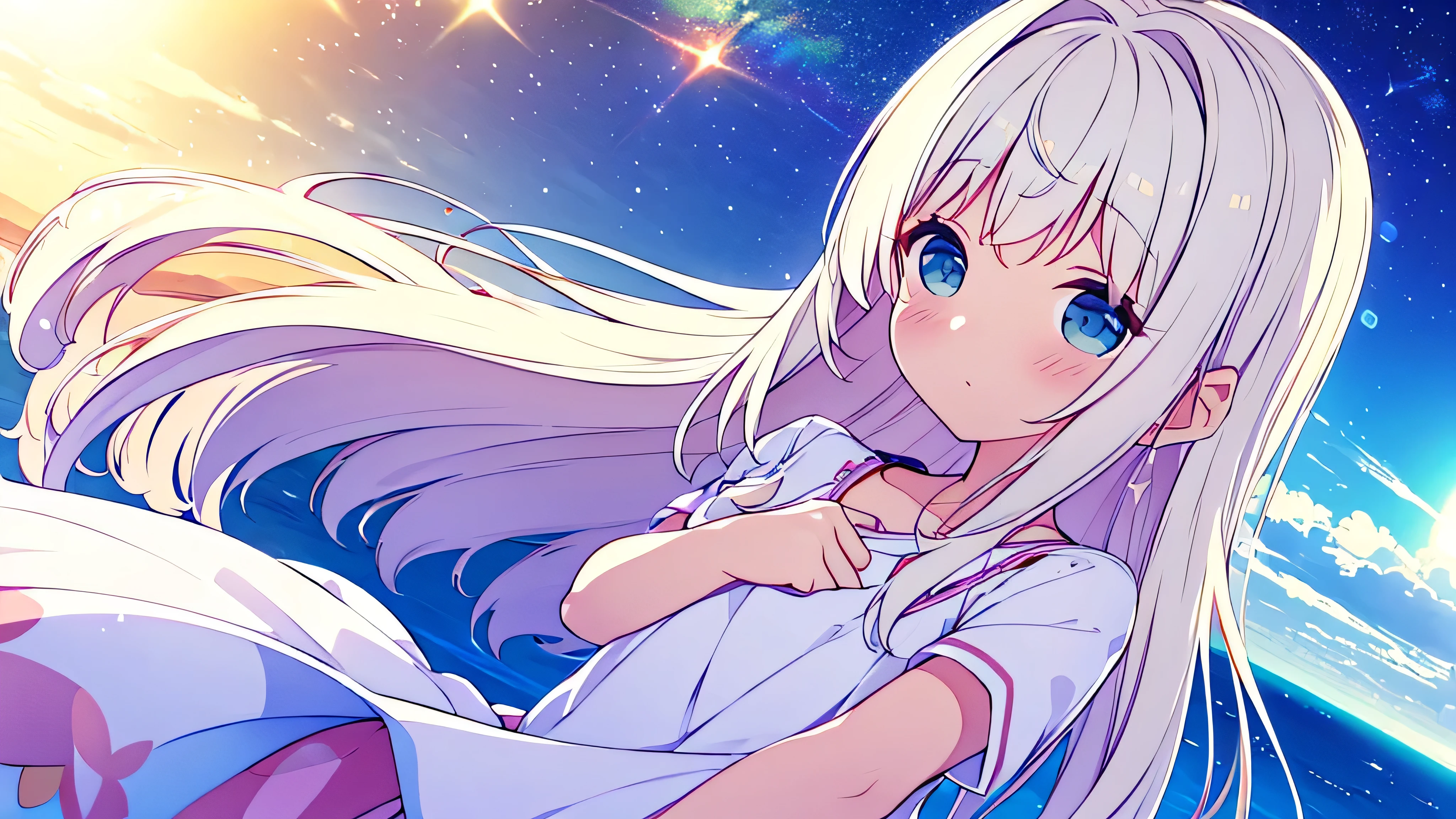 Una linda camisa blanca que la deja ver. 、Falda de vuelo celeste con volantes、Se levanta la falda con ambas manos para lucir su linda ropa interior blanca.、Linda ropa interior blanca visible cuando se levanta la falda.、Playa de arena, Mar hermoso, noche y cielo estrellado