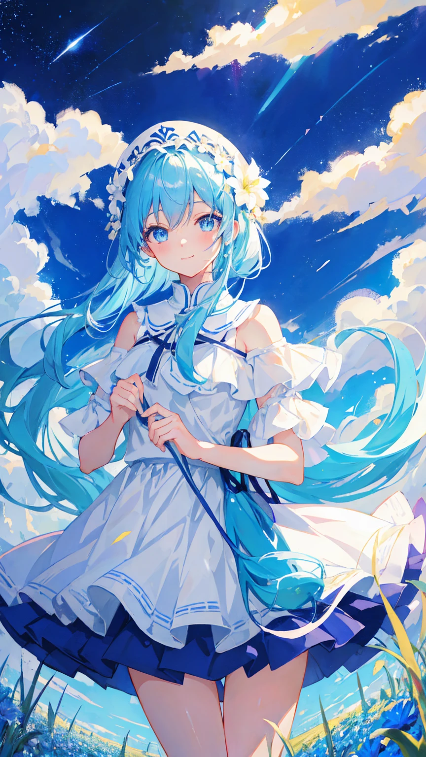 Anime Girl，light blue hair，blue eyes，White裙子，White，Flower headdress，Standing in the flower field，Smile，Starry sky background，Popular topics on artstation pixiv, Digital Art on pixiv, anime art wallpaper 8 k, guweiz on pixiv artstation, Anime Art Wallpaper 4K, Anime Art Wallpaper 4K, Top rated on Pixiv, Beautiful anime artwork, Pixiv competition winner，（Multi-angle）