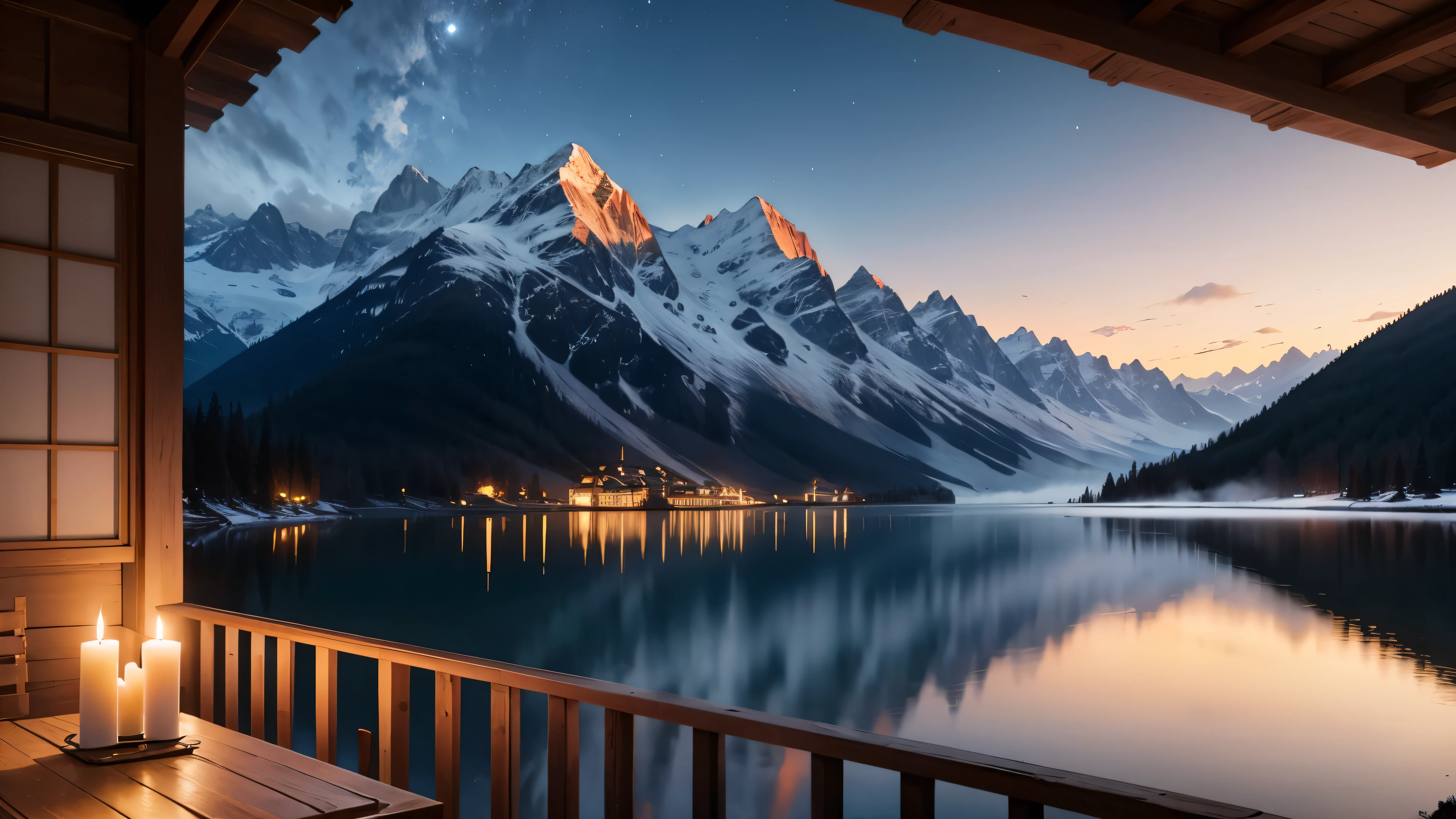 A distant mountain hut in the moonlight、Candle flame、lake、Balcony