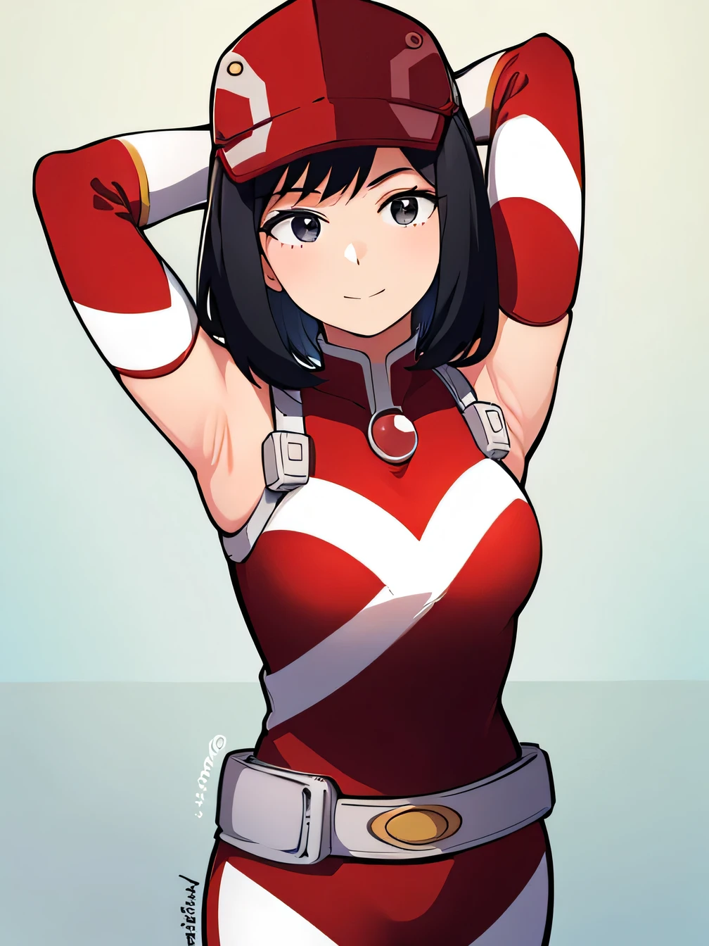 1girl, alone, yui kodai, medium hair, black eyes, smiling, closed mouth, best quality, (peak cap: 1.2), (red and white jumpsuit: 1.2), sleeves long, belt, (red and white pants: 1.2), (white sneakers: 1.2), large breasts, medium waist, anime, closed mouth, solo, (potrait:1.5), night sky, beach, arms behind head, contrapposto, shy smile, spread armpits, best quality, looking at viewer, expressionless,