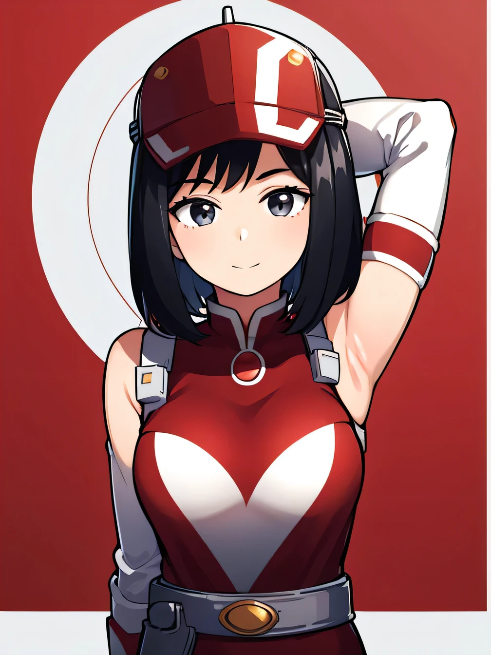 1girl, alone, yui kodai, medium hair, black eyes, smiling, closed mouth, best quality, (peak cap: 1.2), (red and white jumpsuit: 1.2), sleeves long, belt, (red and white pants: 1.2), (white sneakers: 1.2), large breasts, medium waist, anime, closed mouth, solo, (potrait:1.5), night sky, beach, arms behind head, contrapposto, shy smile, spread armpits, best quality, looking at viewer, expressionless,