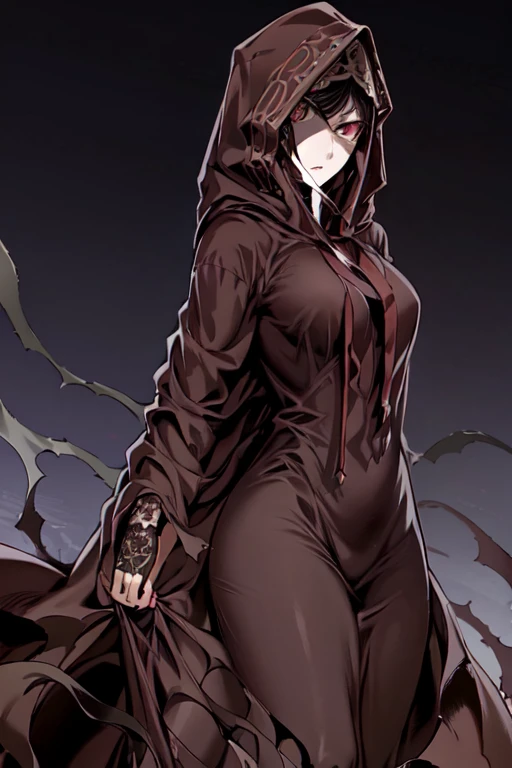No name assassin, red eyes, cloak, long robe, breast, white gloves, dagger, black hair, long skirt, mask, hood, cape, looking at viewer,outdoors, (masterpiece:1.2), best quality, high resolution, unity 8k wallpaper, (illustration:0.8), (beautiful detailed eyes:1.6)