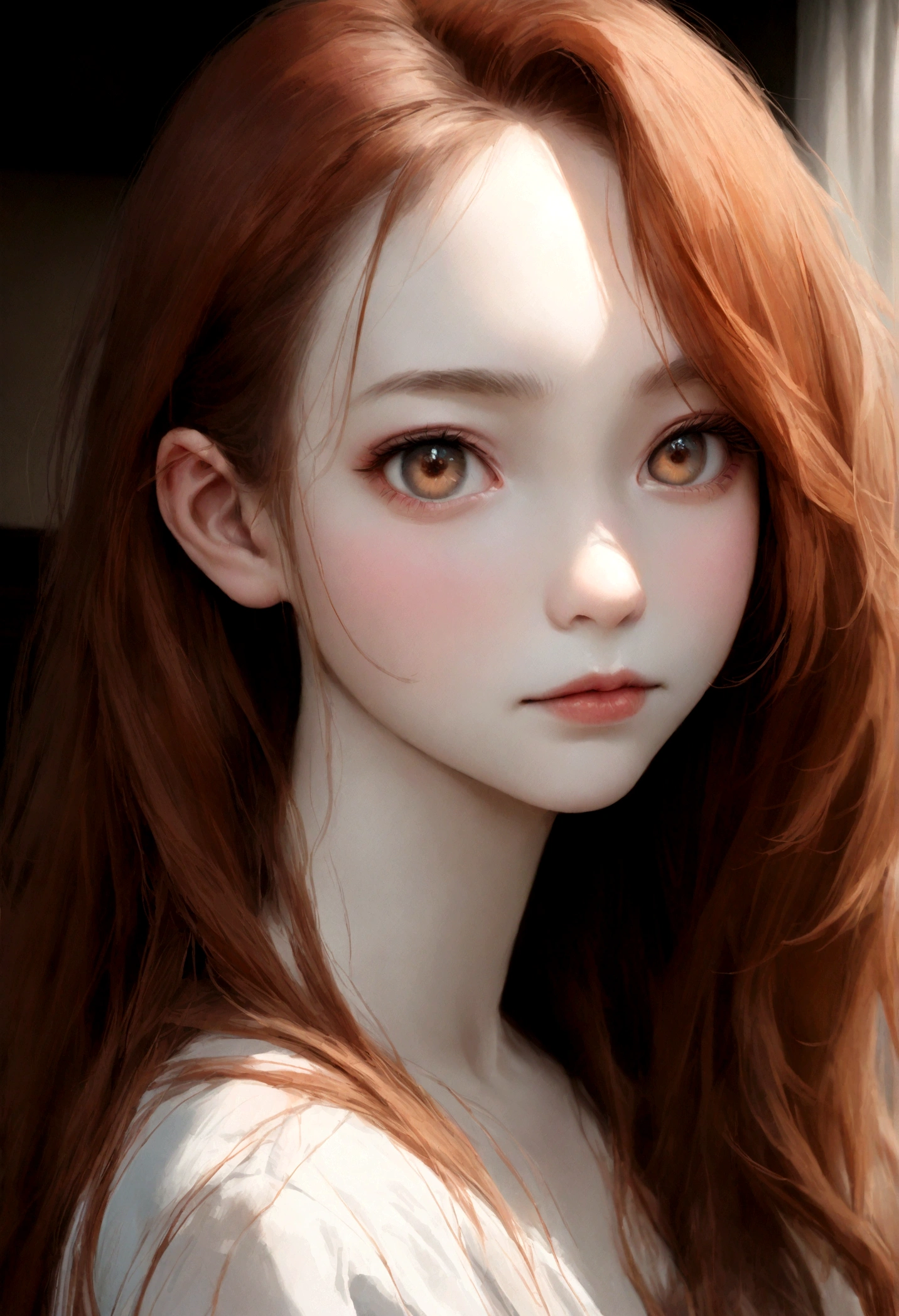 close-up portrait, pretty girl, long hair, copper hair, hazel eyes, white skin color, age 18, 8k photo quality, as realistic as possible, in a living room