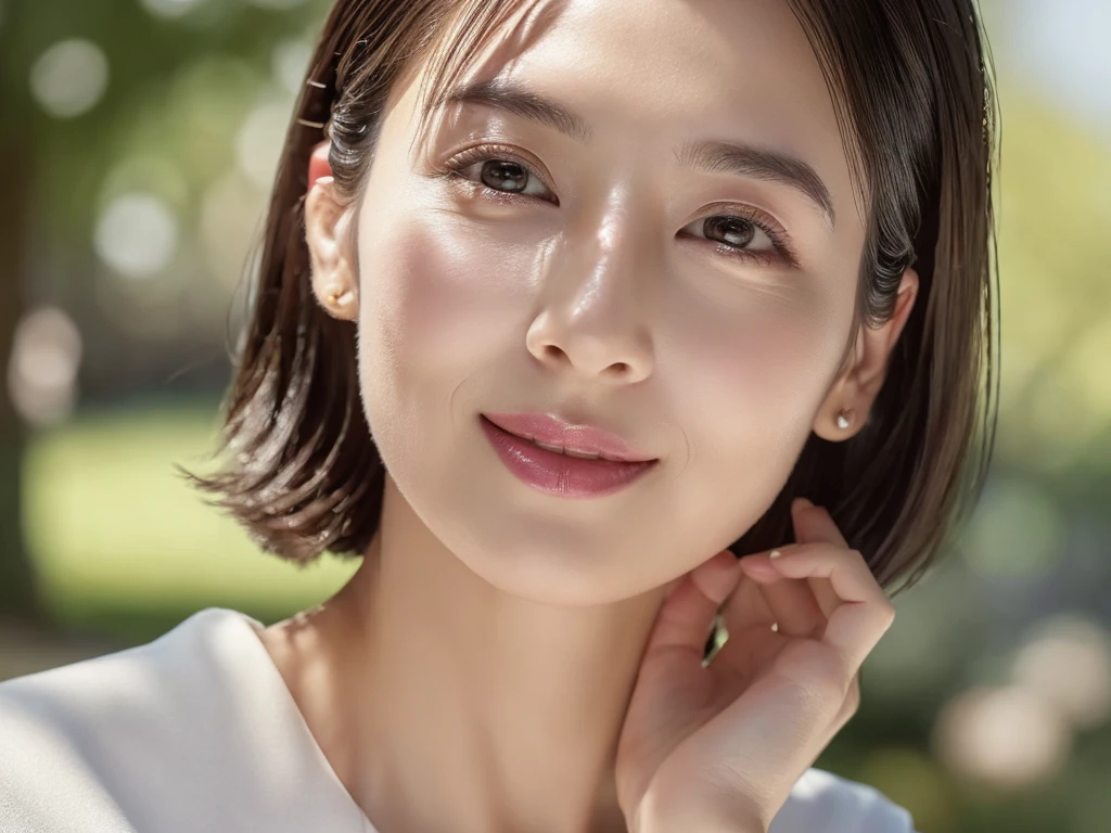 highest quality、8k Masterpiece、超A high resolution、(Photorealistic:1.3)、RAW Photos、1 girl、Black Hair、Glowing Skin、36age、Portrait、Global Illumination、Shadow、Octane Rendering、8k、Super sharp、Cold colors、、Very intricate details、Soft spring light、in photo studio、CGSoation Trend、Beautiful Eyes、Shining Eyes、To the camera、Neon Details、White skin、short hair、smile、Featured on cosmetics website、intellectual、reason、Charm、Perfect Lips、Smooth, wrinkle-free skin、Elegance