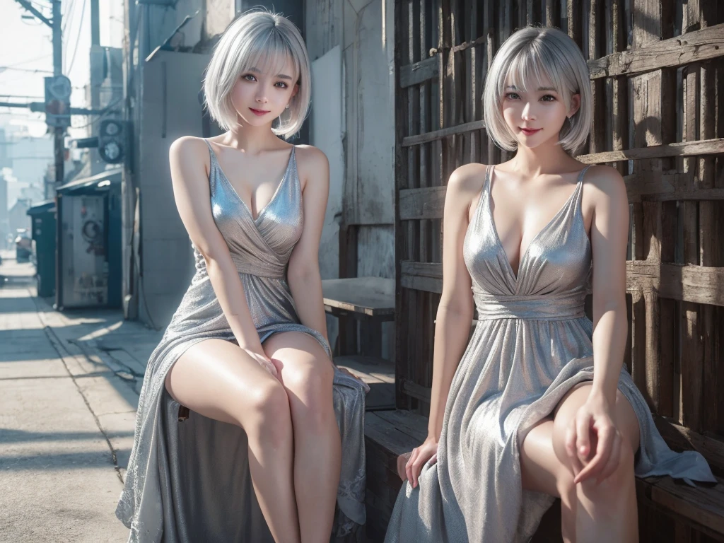 highest quality、8k Masterpiece、超A high resolution、(Photorealistic:1.3)、RAW Photos、1 girl、Silvery white hair、Glowing Skin、1. Super-beautiful Cyberpunk Soldiers、((Ultra-Realistic Details))、Portrait、Global Illumination、Shadow、Octane Rendering、8k、Super sharp、Beautiful breastetal、Cold colors、、Very intricate details、Realistic Light、CGSoation Trend、Beautiful Eyes、Shining Eyes、To the camera、Neon Details、20age、Very Short Hair、Too beautiful face、Intelligence、Obscene、wide shot、full body、Silver charm on the ankle、sexy、smile、Healthy Body、dress、Sexy、Elegance、Moe