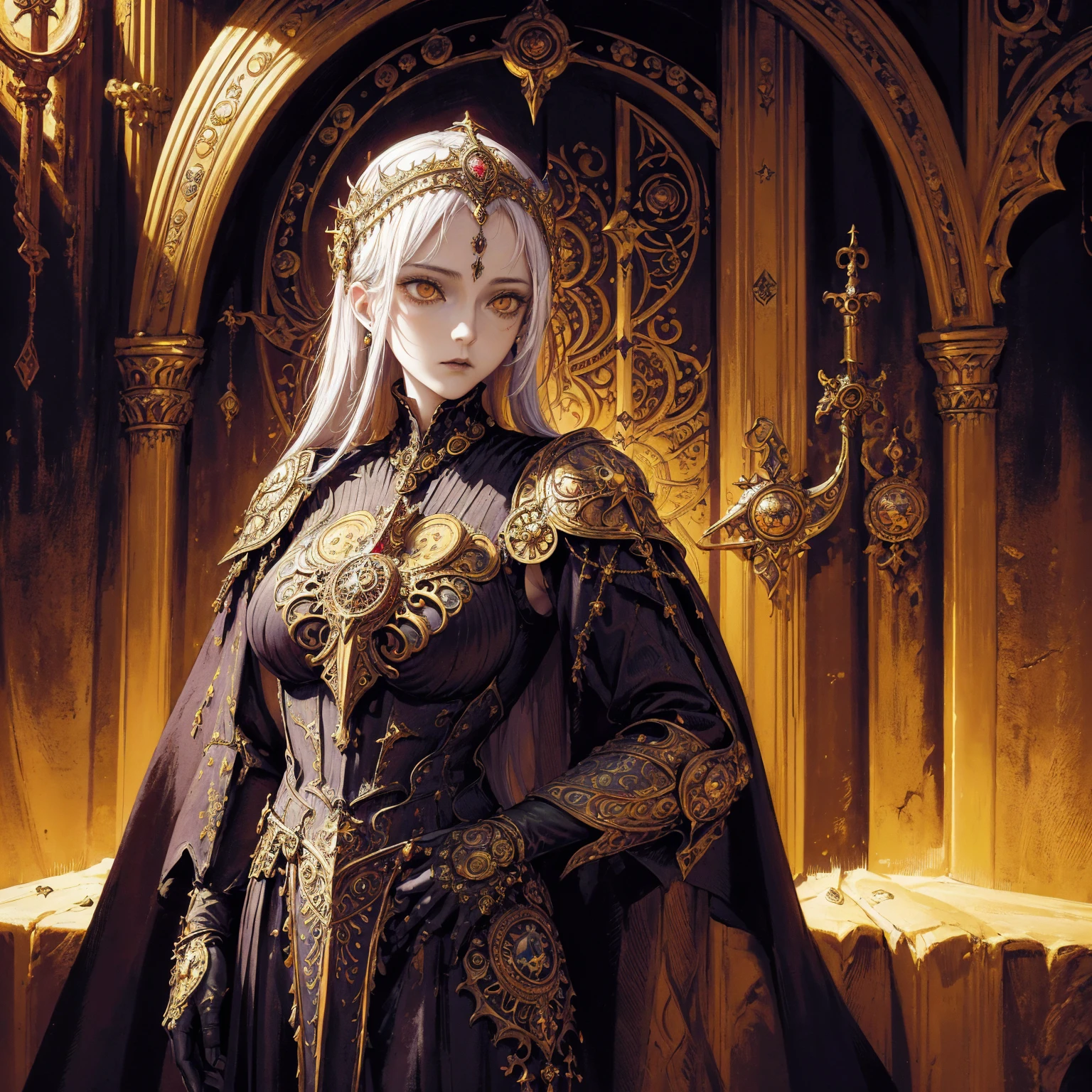 Art of woman wearing sun crown and ornate breastplate, (((Occult art))), ancient goddess art, Sacredness. Very detailed, Mysterious inspiration, Inspiration from the Sun God, Religious inspiration, Cold and snobbish face, oracle, Standing, Full body portrait, (Gothic art style, Weird art style :1.3)