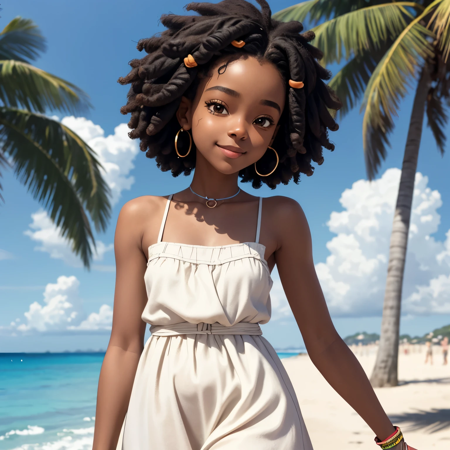 masterpiece, best quality), deep ebony 1girl, beautiful face, short Afro braids , cute, , beautify, Lofi vibe,, cute sunny vibe, concentrated, hands outside of the picture ,beach vibe , cute white dress, cute look, clothing is dry and baggy, small breasts, teen vibe, cute smile,  walking by the beach, seagull’s background 