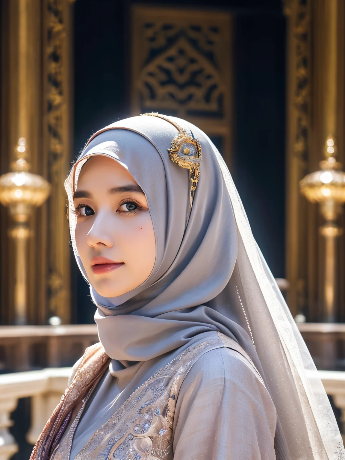 High-resolution image of an Indonesian
Muslim woman standing facing forward,
wearing a neat hijab and long white abaya
with ihram clothing, in front of the Ka'bah
during the day, with many people in the
background. photorealistic, 8k, hyperdetailed, cinematic lighting, dramatic pose, intricate details, hyper realistic, concept art, fantasy, digital art, vibrant colors, beautiful detailed eyes, beautiful detailed lips, extremely detailed eyes and face, long eyelashes, highly detailed face, realistic human anatomy, elegant dress, gorgeous scenery, magical elements, otherworldly landscape, dramatic lighting, intricate details, stunning colors
