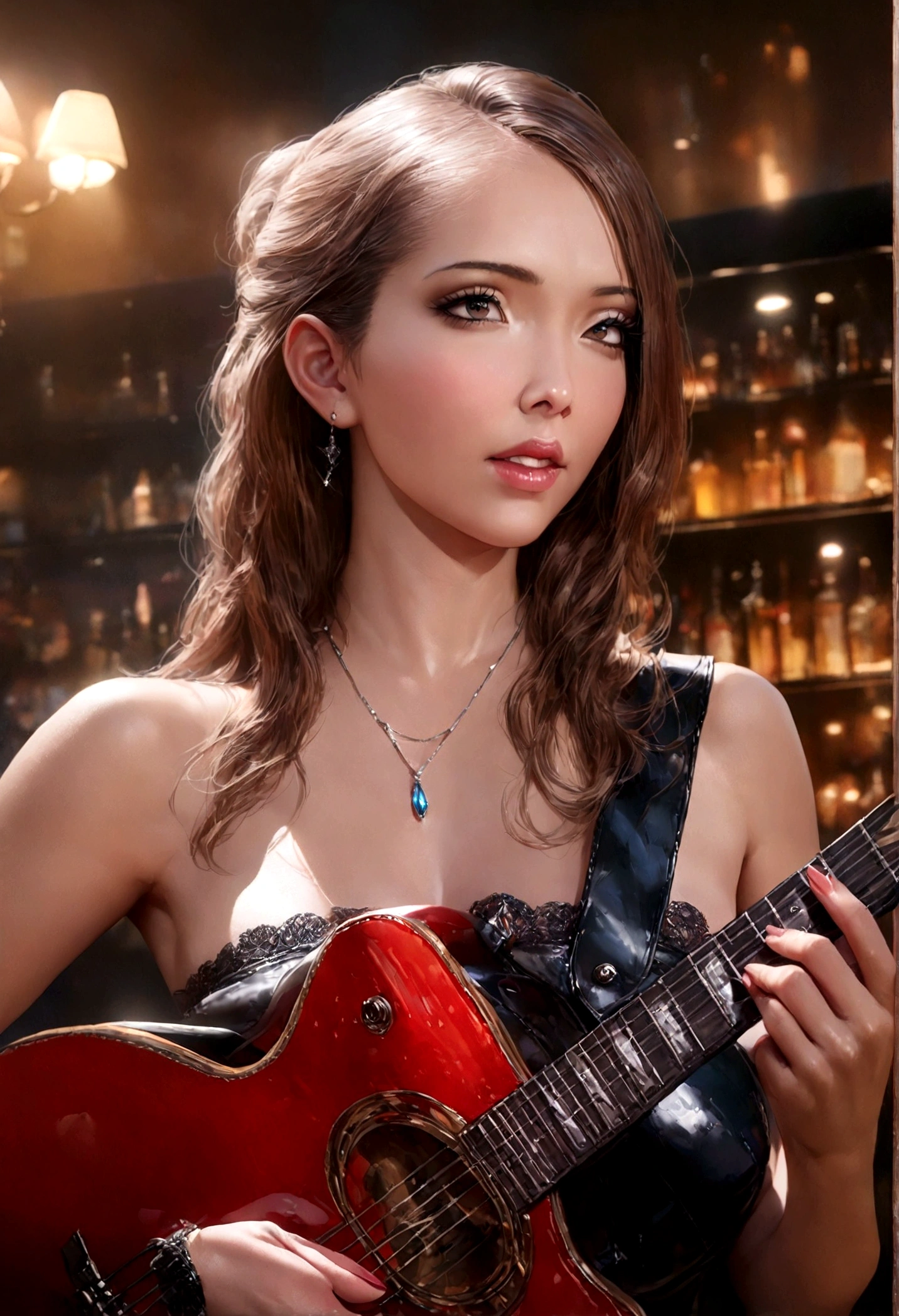 a glamorous woman, exciting flashy outfit, beautiful detailed eyes, beautiful detailed lips, extremely detailed face, long eyelashes, playing an electric guitar, performing on a stage in a classy restaurant, high quality interior, elegant ambiance, warm lighting, cinematic composition, vibrant colors, hyper-realistic, photorealistic, masterpiece, (best quality,4k,8k,highres,masterpiece:1.2),ultra-detailed,(realistic,photorealistic,photo-realistic:1.37)