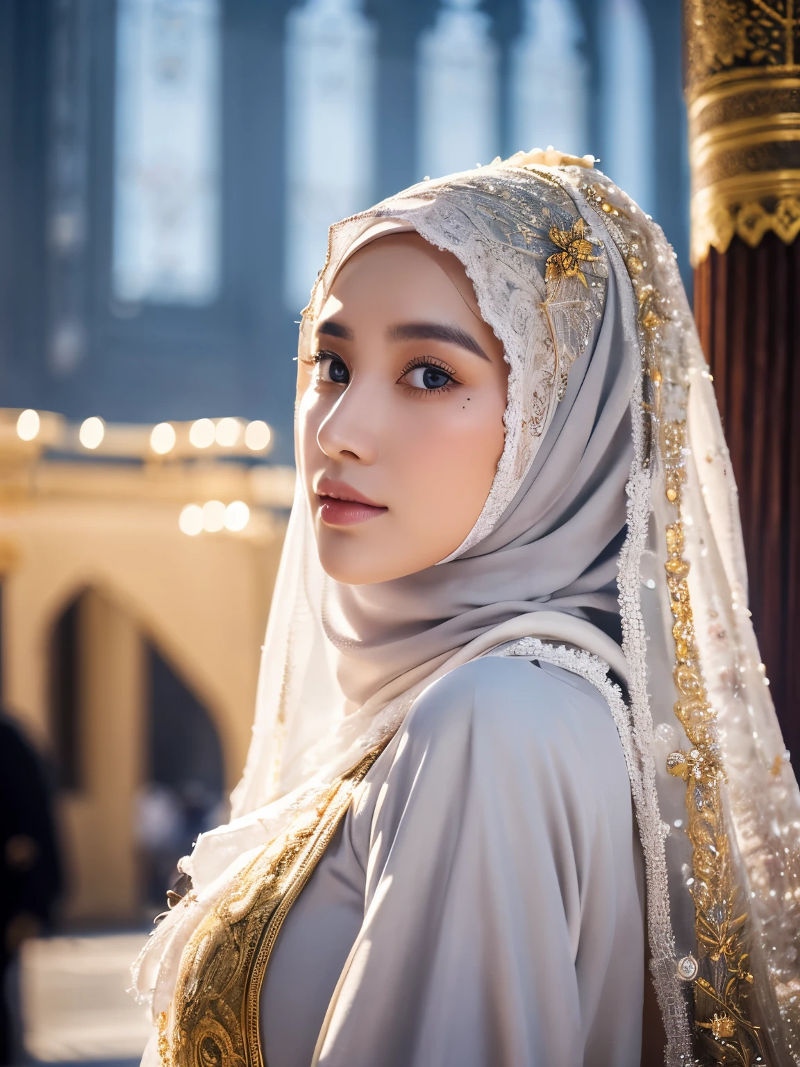 The bride wears a hijab