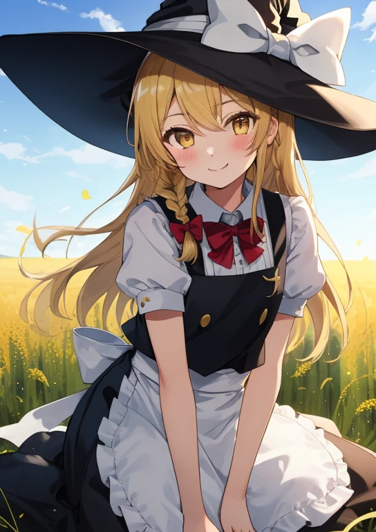 (masterpiece, best quality:1.2), extremely detailed, soft ambient lighting, sharp focus, 4K, BREAK kirisame marisa, 1girl, blonde hair, witch hat, yellow eyes, long hair, vest, apron, bow, short sleeves, hat bow, braid, y sleeves, skirt, BREAK outdoors, blue sky, wheatfield, looking at viewer, gentle smile,