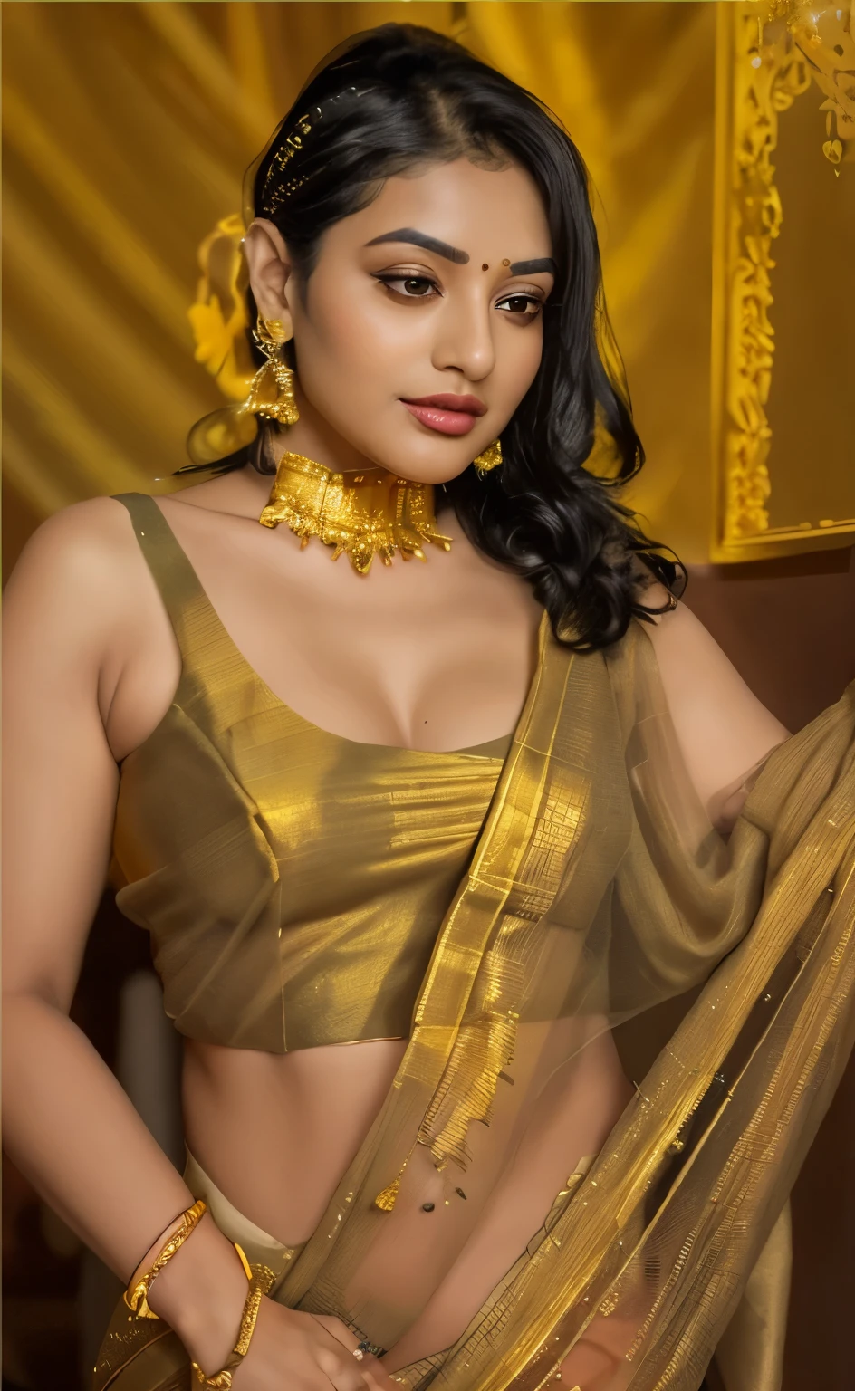 Golden color saree , black hair , jwellery neck