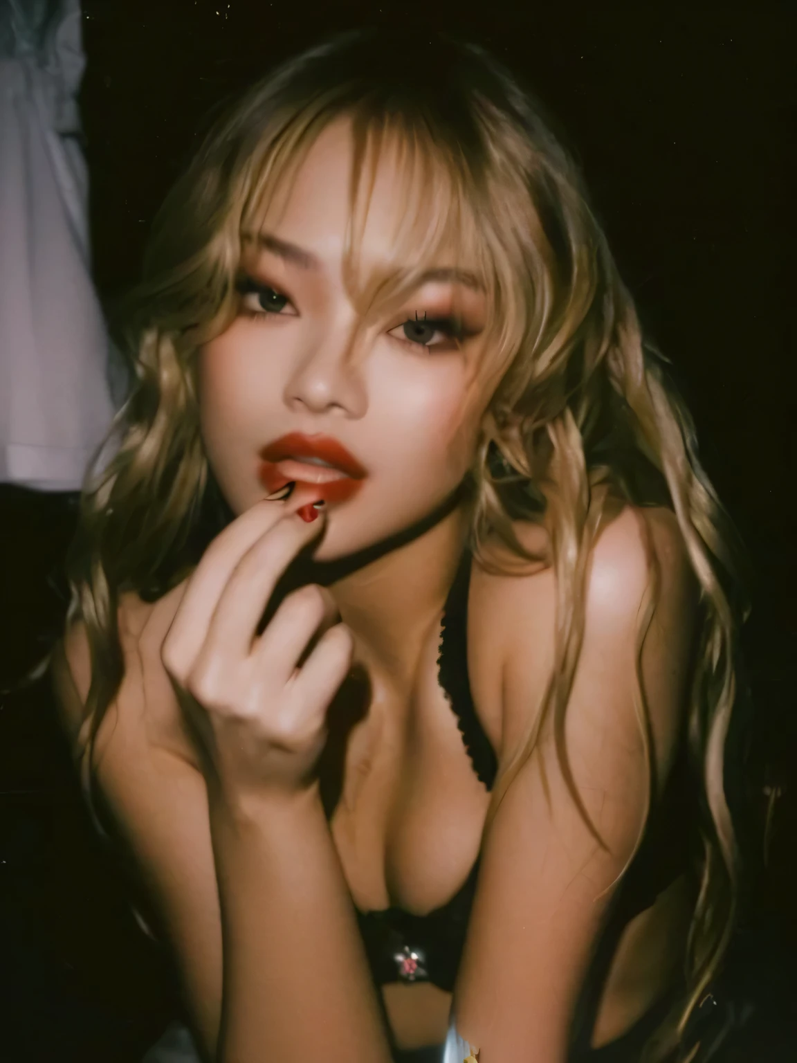 Mujer rubia araffada con labios rojos y sujetador negro., bochornoso smirk, bochornoso, labios rojos gruesos, jennie blackpink, taken in the mid 2000s, labios gruesos, labios sexys, dama seductora, Labios rojos sexys, labios grandes, labios sexys, korean makeup
