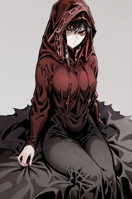 No name assassin, serious look, red eyes, cloak, robe, white gloves, dagger, black hair, long skirt, hood, cape, looking at viewer, sitting