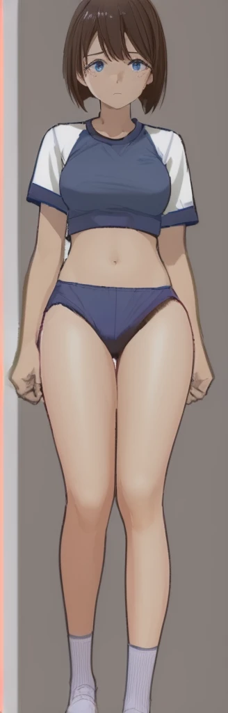 A woman is standing wearing white gym clothes and light navy blue bloomers that look like panties, with a sad expression and blushing.。