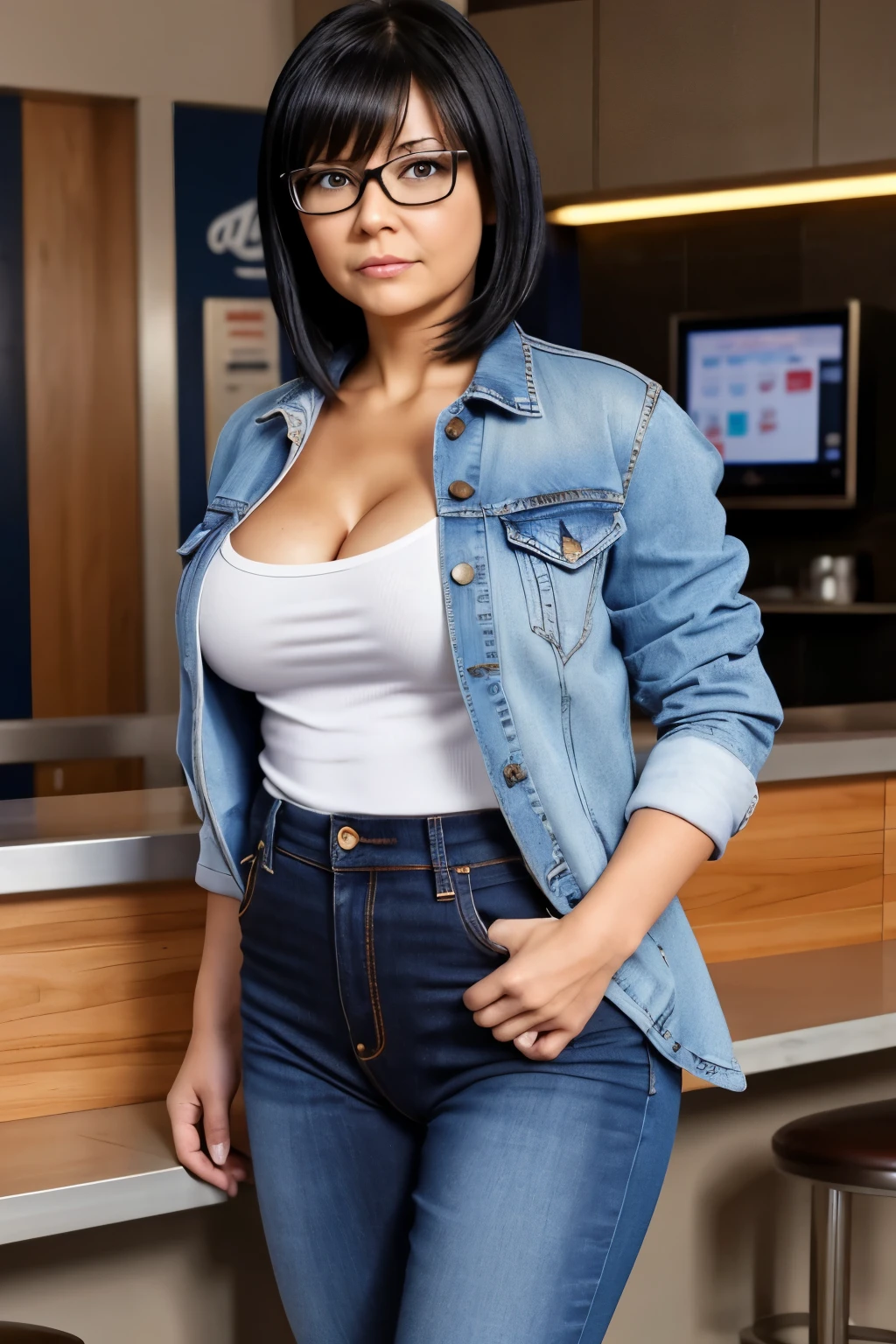 (best quality), solo, 1futa, a slim middle-aged futanari woman. (The woman has a huge massive bulge in her crotch with a huge penis and huge testicles), causing a noticeable protrusion in her jeans. She wears glasses and looks like a Karen. Annoyed and angry expression. She wears blue jeans, a white shirt, a short blue jacket and black hair. (futa_overflow). small breasts. fast food restaurant background.