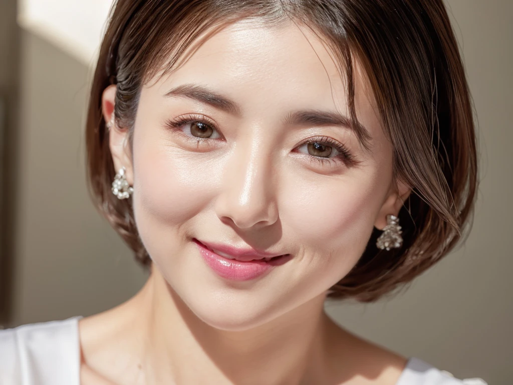 highest quality、8k Masterpiece、超A high resolution、(Photorealistic:1.3)、RAW Photos、1 girl、Black Hair、Glowing Skin、３６age、Portrait、Global Illumination、Shadow、Octane Rendering、8k、Super sharp、Cold colors、、Very intricate details、Soft spring light、in photo studio、CGSoation Trend、Beautiful Eyes、Shining Eyes、To the camera、Neon Details、White skin、short hair、smile、Featured on cosmetics website、intellectual、reason、Charm、Perfect Lips、Smooth, wrinkle-free skin、Elegance、qute