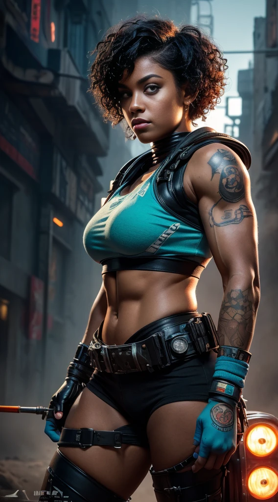 Ebony Female, Upper body shot,painting masterpiece, concept art, ultra details, dramatic lighting, early evening, symmetric tank, wasteland, dystopic, comic tankgirl, fog, dust, soft motion blur, midshot,35 year old, thick bodybuilder(((Massive Muscles)))big arms,massive shoulders,big thighs,  tankgirl street attention danger perfect eyes perfect nose perfect ears, tattooed, parted lips,black hair,(short curly hair), perfect ears perfect eyes perfect nose, wearing a white cyberpunk suite, rusty old humanoid support robot, white, cyan orange, yellow spotlights, magenta, graffitti, dirty, fog, dust, windy, 4k, ultra hd, realistic, vivid colors, highly detailed, UHD drawing, pen and ink, perfect composition, beautiful detailed intricate insanely detailed octane render trending on artstation, 8k artistic photography, photorealistic concept art, soft natural volumetric cinematic perfect light