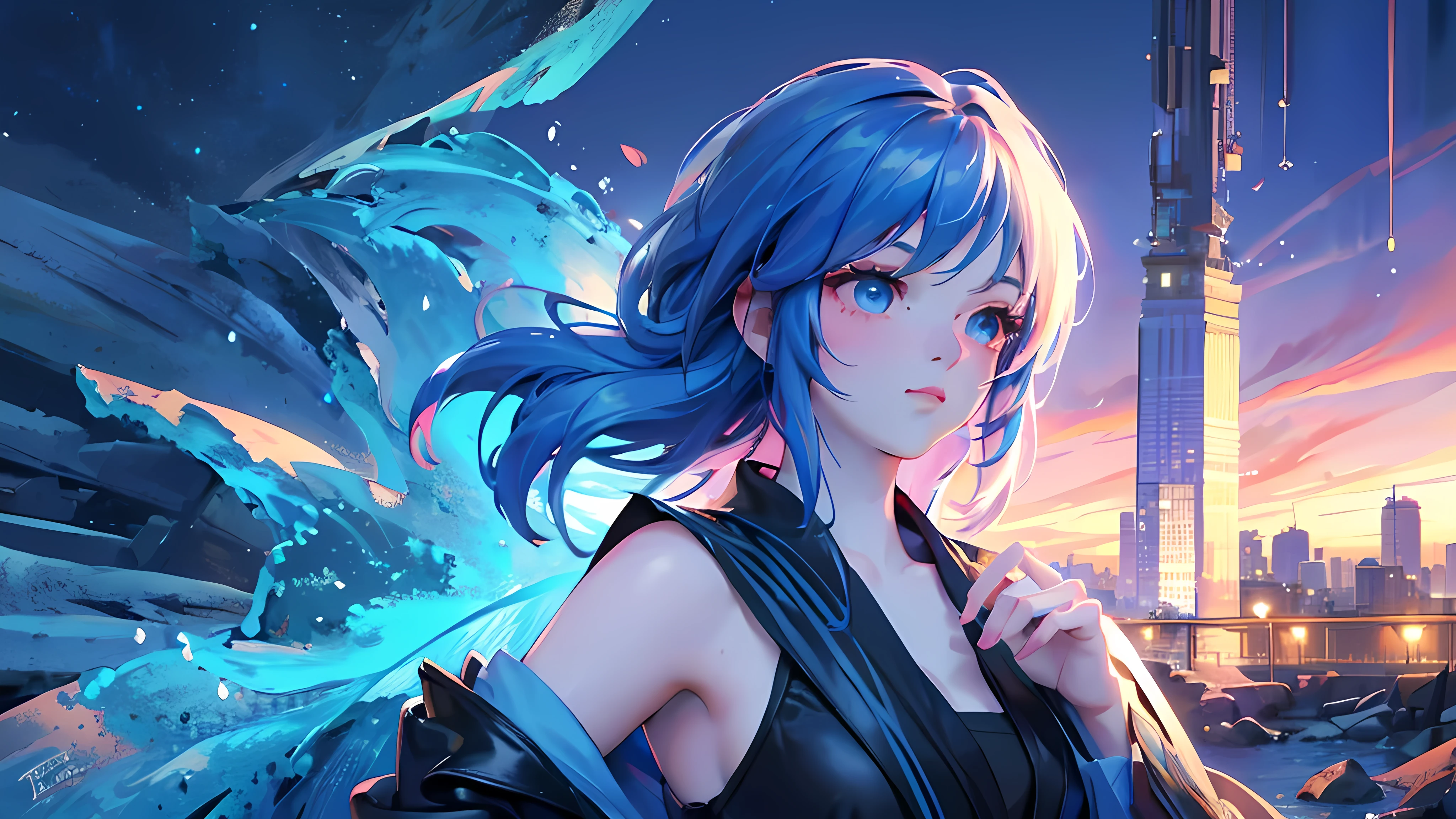 a beautiful blue-haired girl in a black suit, back turned, pretty eyes, cute, in a night city, anime style, (best quality,4k,8k,highres,masterpiece:1.2),ultra-detailed,(realistic,photorealistic,photo-realistic:1.37),highly detailed face, delicate facial features, porcelain skin, flowing blue hair, dynamic pose, neon city lights, intricate background details, cinematic lighting, vibrant colors