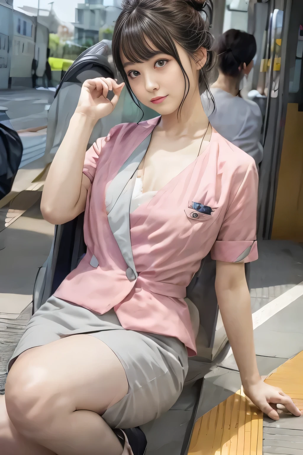 (masterpiece:1.2, highest quality:1.2), 32K HDR, High resolution, (alone、1 girl)、(On the rooftop of a building in the daytime、Professional Lighting)、Building rooftop background、(Nankai train crew uniform pinkを着たリアルスタイル)、(Nankai train crew uniform pink short sleeve collarless pink jacket、Nankai Train Crew Uniform Pink Collarless Short Sleeve Blouse、Nankai Train Crew Uniform Pink Grey Knee-length Culottes)、((The bottom of the pink short-sleeved jacket cannot be tucked into the clay-colored culottes.))、Dark brown hair、(Hair tied up、Hair Bun、Hair Bun)、Dark brown hair、Long Shot、Big Breasts、Thin legs、((Great hands:2.0)),((Harmonious body proportions:1.5)),((Normal limbs:2.0)),((Normal finger:2.0)),((Delicate eyes:2.0)),((Normal eyes:2.0)))、smile、(Nankai Train Crew Uniform Pink Grey Knee-length Culottesを見せた美しい立ち姿)、