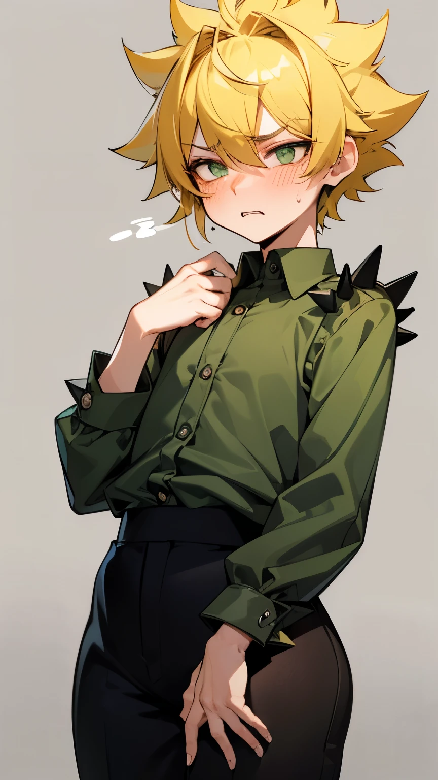 (solo human male), outdoors,1boy,solo,half body, lower body,widen eyes,creepy eyes, (yellow short hair, spiky hair, yellow hair),yellowblush,nose blush,open mouth,femboy,wavy mouth,frown, standing,long sleeves, eyebags, (scared), flat chest,(dark green buttoned shirt,buttoned shirt, long sleeves, black pants),(spiky shoulder-length hair, spikes hair, rough messy hair, shoulder-length hair, spikey hair, fluffy hair),male solo,(messy spiky hair:1.1),thick thighs,wide thighs, wide hips, (large thighs, thick thighs, wide hips:1.1), thick body, wide hips) hourglass body, curvy, (thick thighs:1.0),(surprised eyes),frown,light blush, grass, crosswalk, (widen eyes, shrunken eyes:1.1), green eyes, (shota, small male, short, boy, solo male), (surprised eyes),insanely detailed, absurdres, ultra-highres, ultra-detailed, best quality, solo, nice hands, perfect hands, curvy