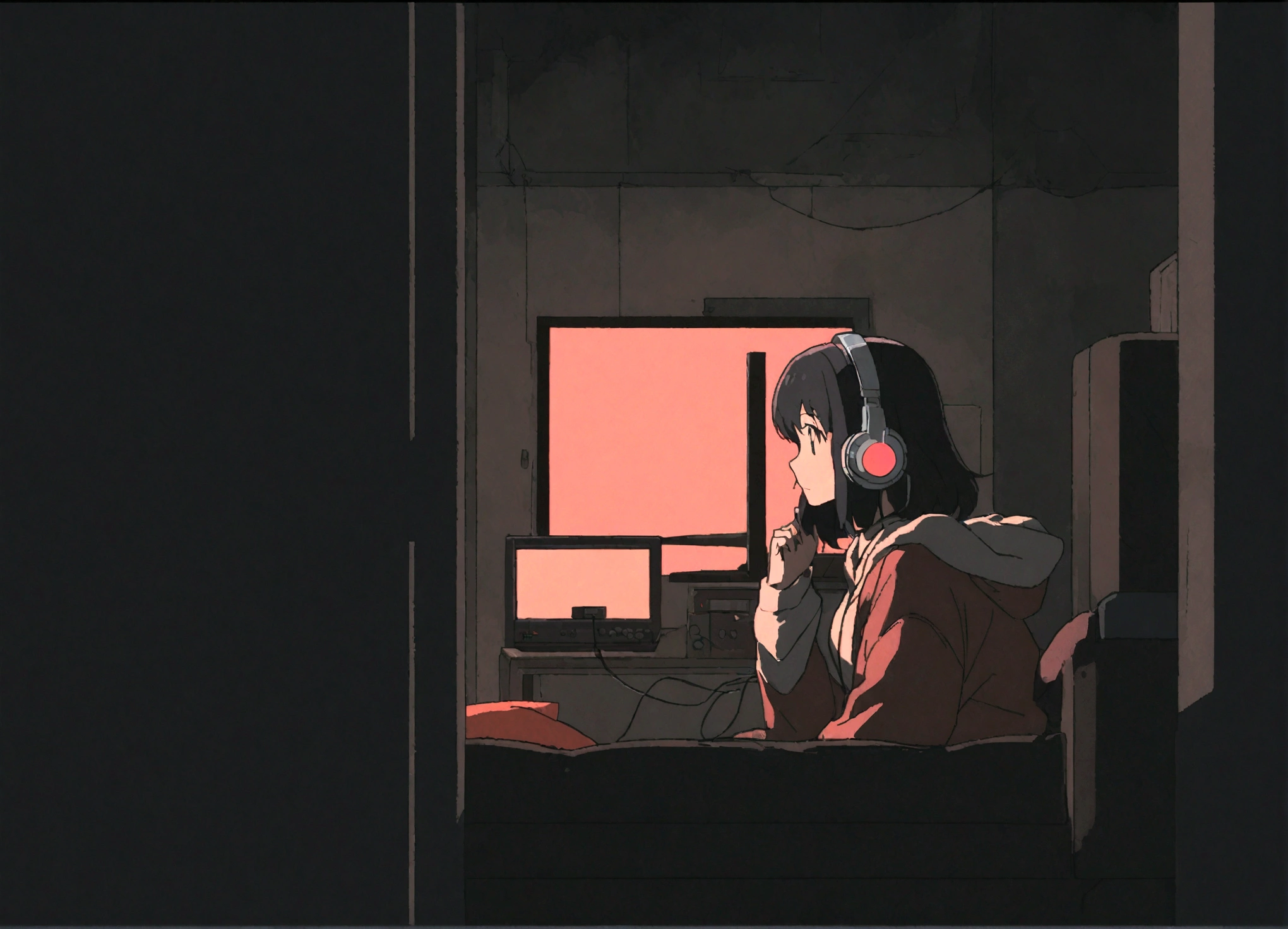 night、Girl listening to music in a cozy room, Use headphones, Anime-style 2D, Lo-Fi, High resolution, Dark Environment