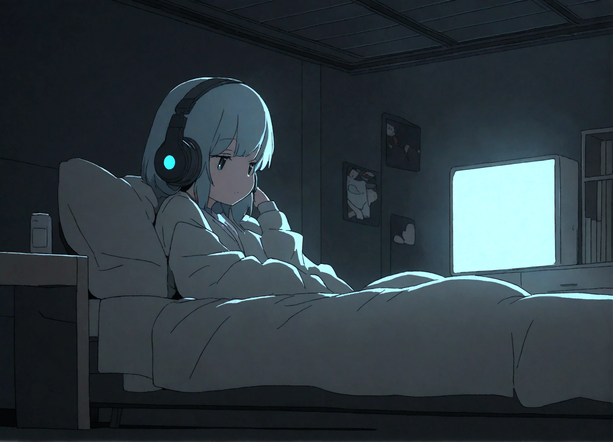 night、Girl listening to music in a cozy room, Use headphones, Anime-style 2D, Lo-Fi, High resolution, Dark Environment