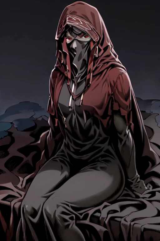 No name assassin, sad look, mask, red eyes, cloak, robe, white gloves, dagger, black hair, long skirt, hood, cape, looking at viewer, sitting