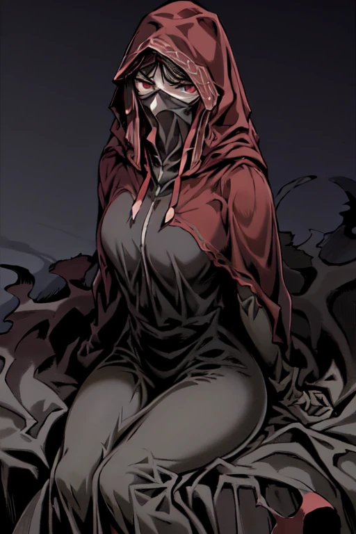 No name assassin, sad look, mask, red eyes, cloak, robe, white gloves, dagger, black hair, long skirt, hood, cape, looking at viewer, sitting
