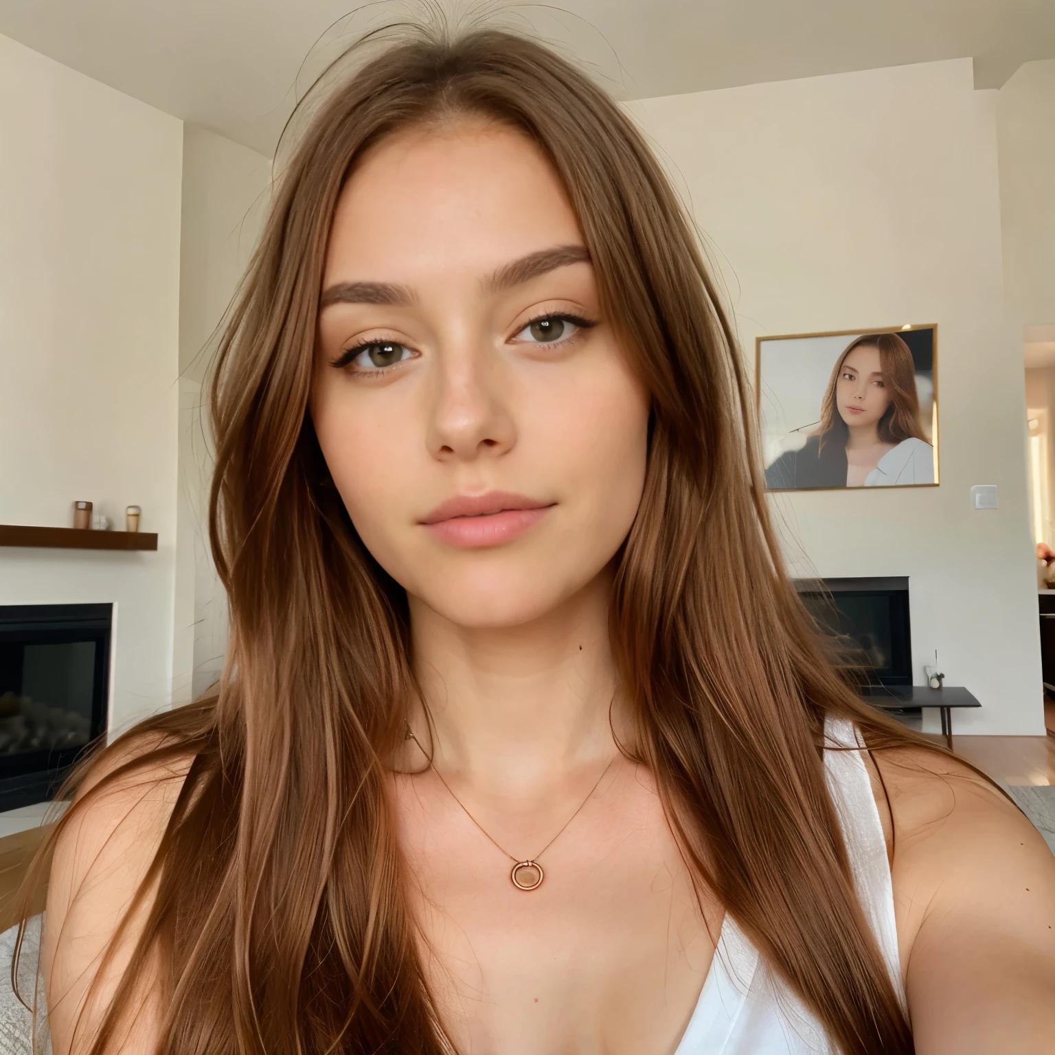 close-up portrait, pretty girl, long hair, copper hair, hazel eyes, white skin color, age 18, 8k photo quality, as realistic as possible, in a living room